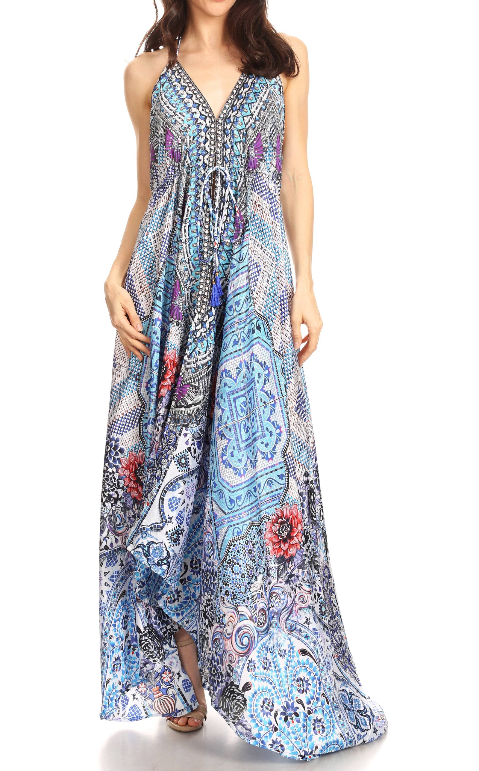 Vestido largo Sakkas Lizi para mujer, con cuello halter, corte alto y bajo, estilo pañuelo, para fiesta en la playa
