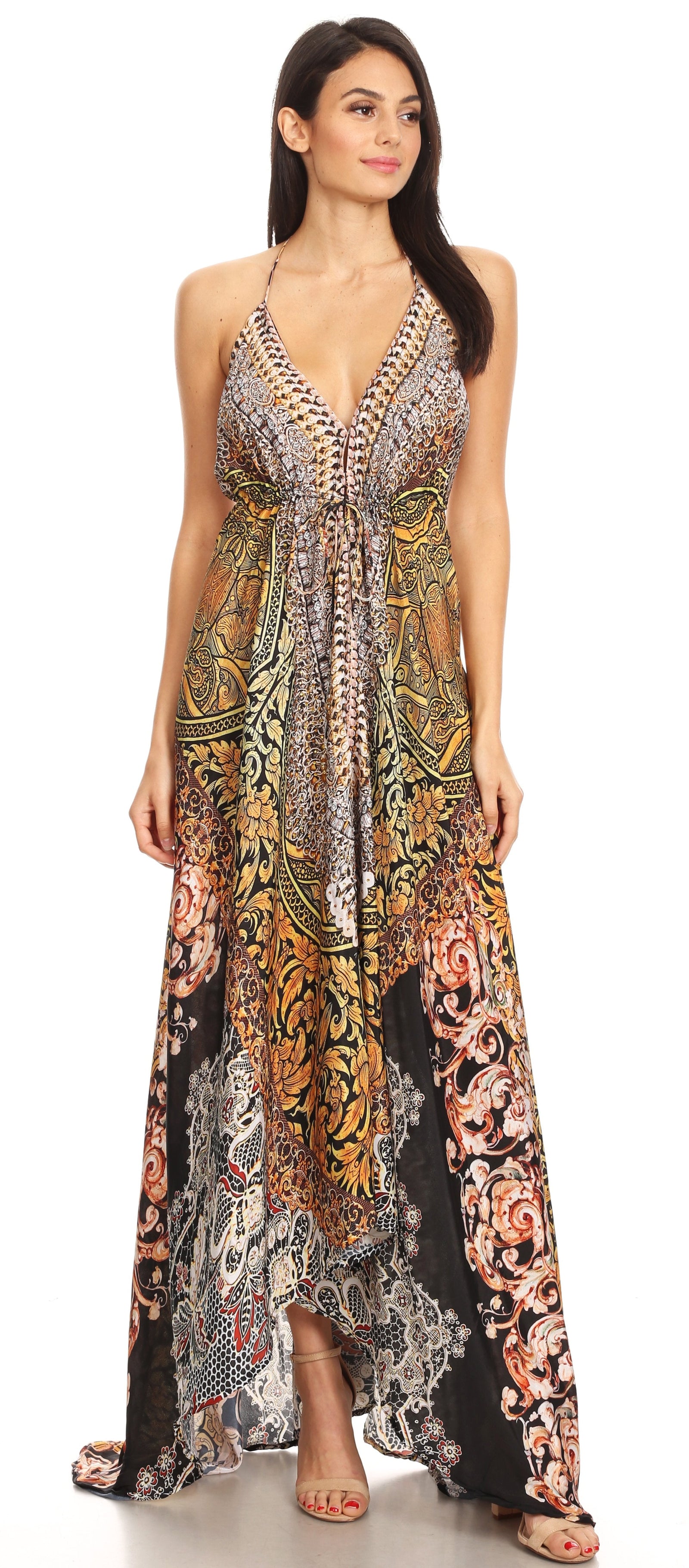 Vestido largo Sakkas Lizi para mujer, con cuello halter, corte alto y bajo, estilo pañuelo, para fiesta en la playa