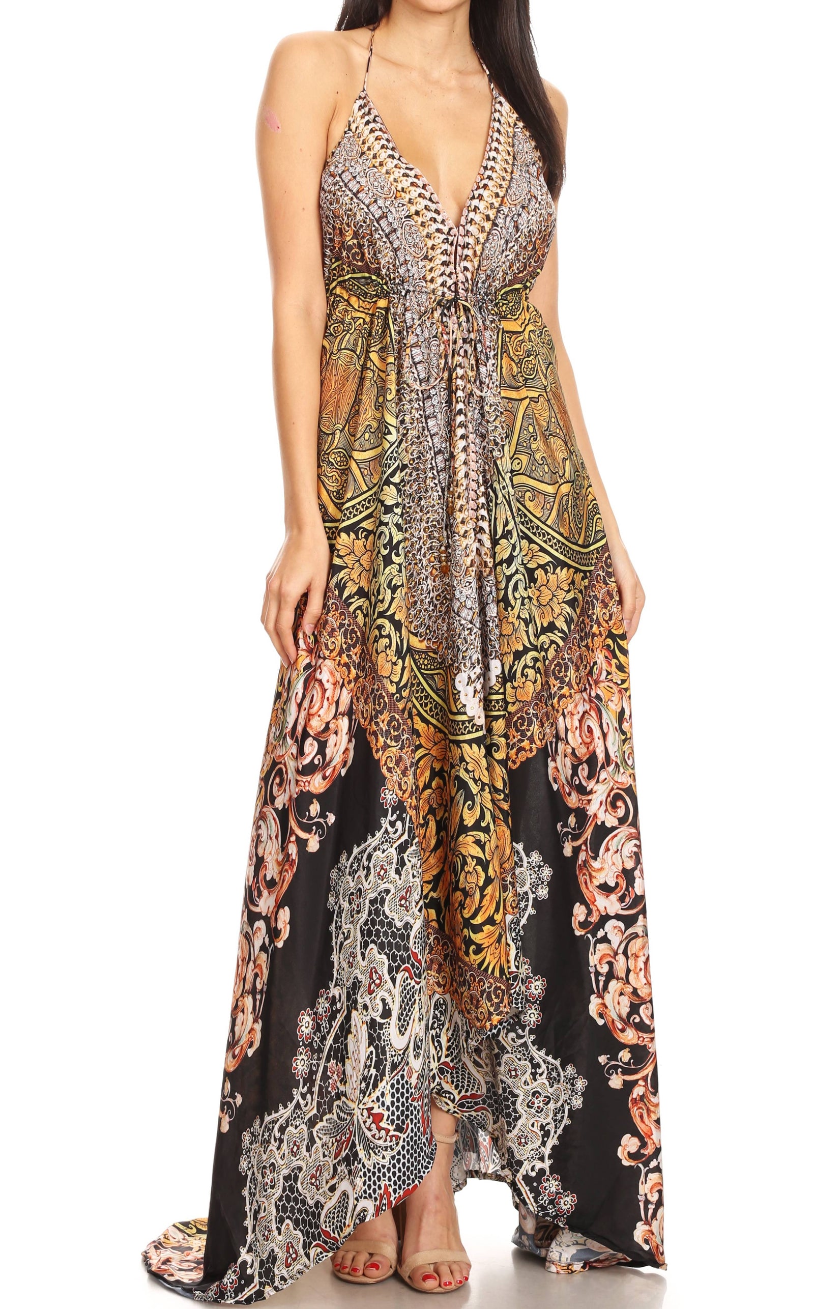 Vestido largo Sakkas Lizi para mujer, con cuello halter, corte alto y bajo, estilo pañuelo, para fiesta en la playa