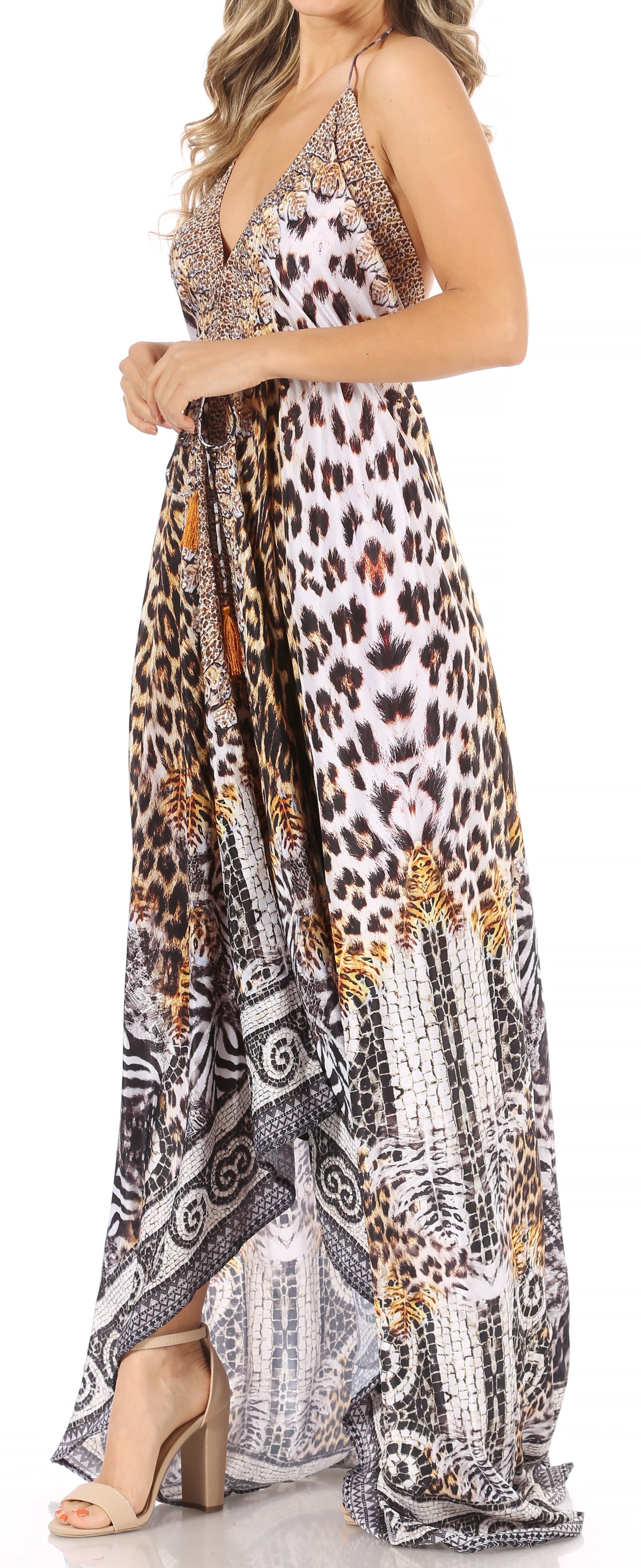 Vestido largo Sakkas Lizi para mujer, con cuello halter, corte alto y bajo, estilo pañuelo, para fiesta en la playa
