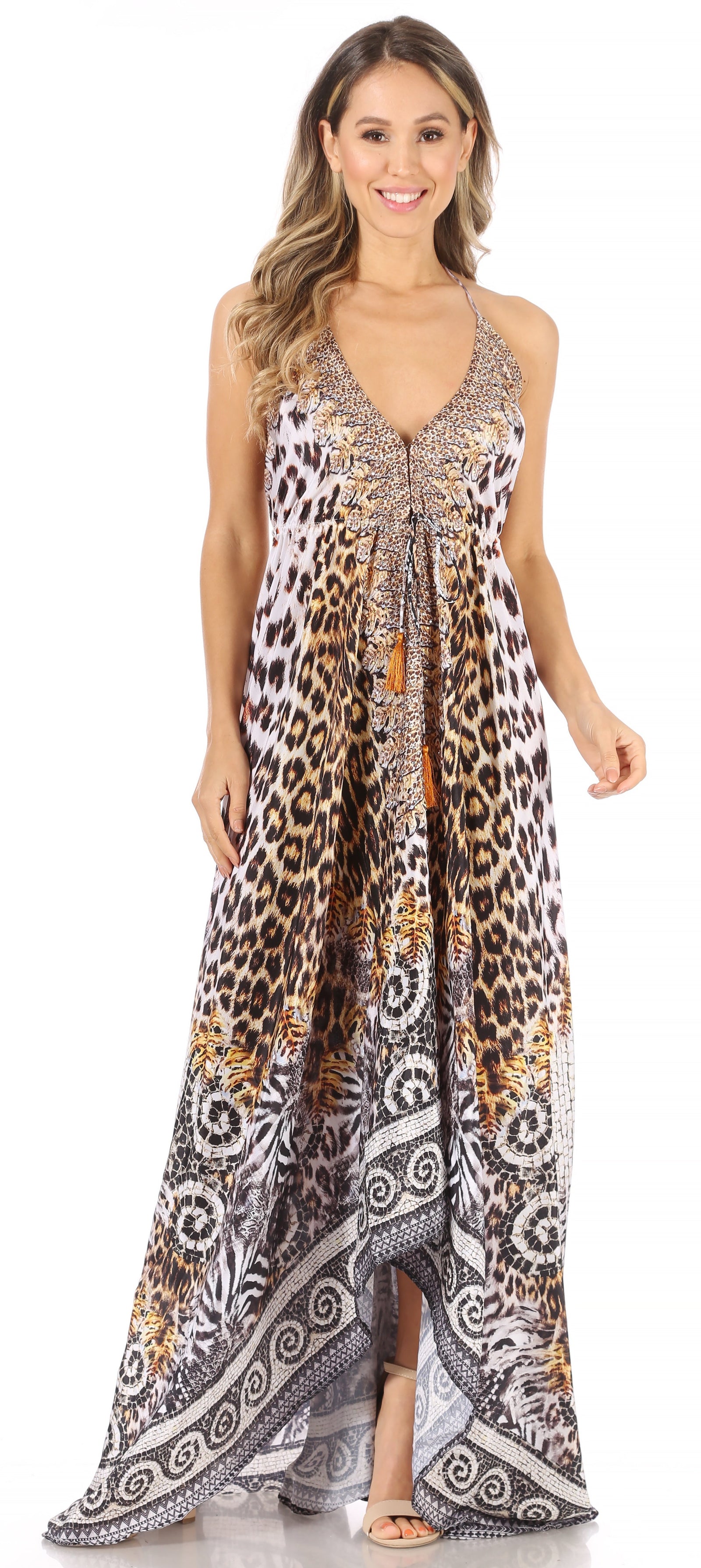 Vestido largo Sakkas Lizi para mujer, con cuello halter, corte alto y bajo, estilo pañuelo, para fiesta en la playa
