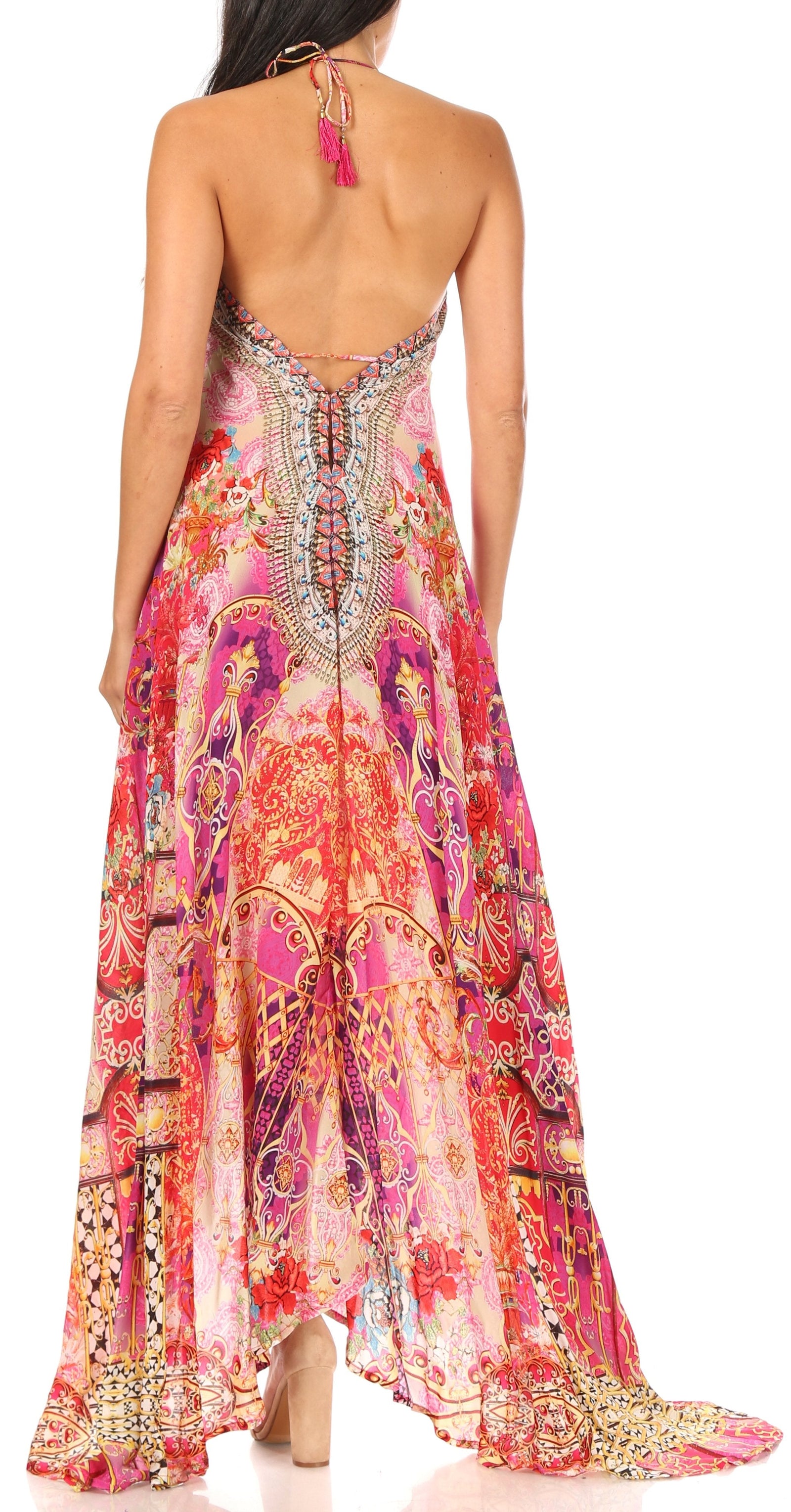 Vestido largo Sakkas Lizi para mujer, con cuello halter, corte alto y bajo, estilo pañuelo, para fiesta en la playa