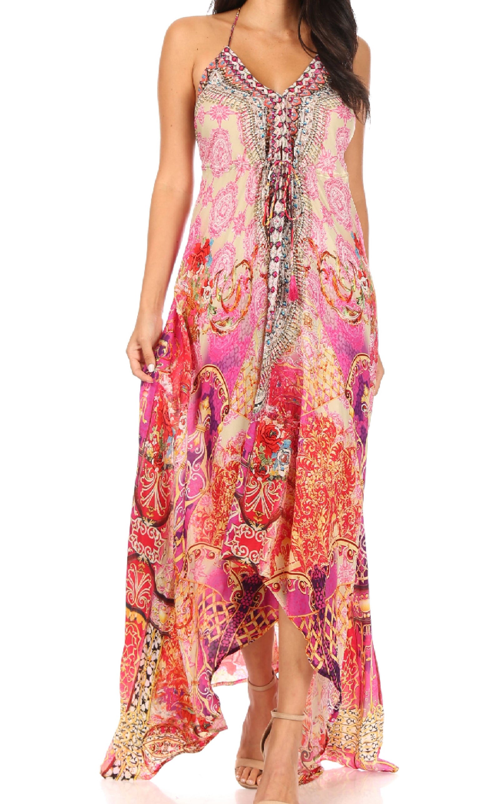 Vestido largo Sakkas Lizi para mujer, con cuello halter, corte alto y bajo, estilo pañuelo, para fiesta en la playa