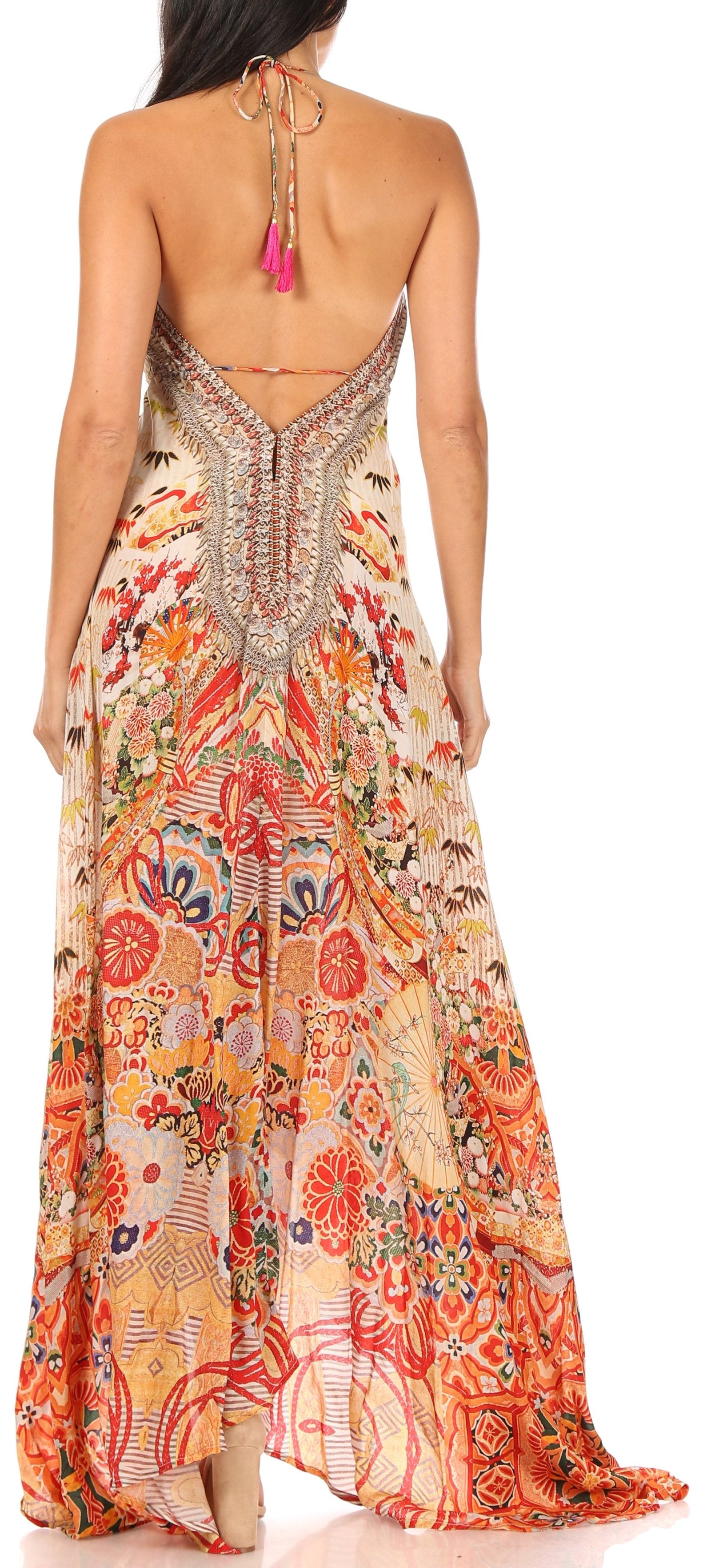 Vestido largo Sakkas Lizi para mujer, con cuello halter, corte alto y bajo, estilo pañuelo, para fiesta en la playa