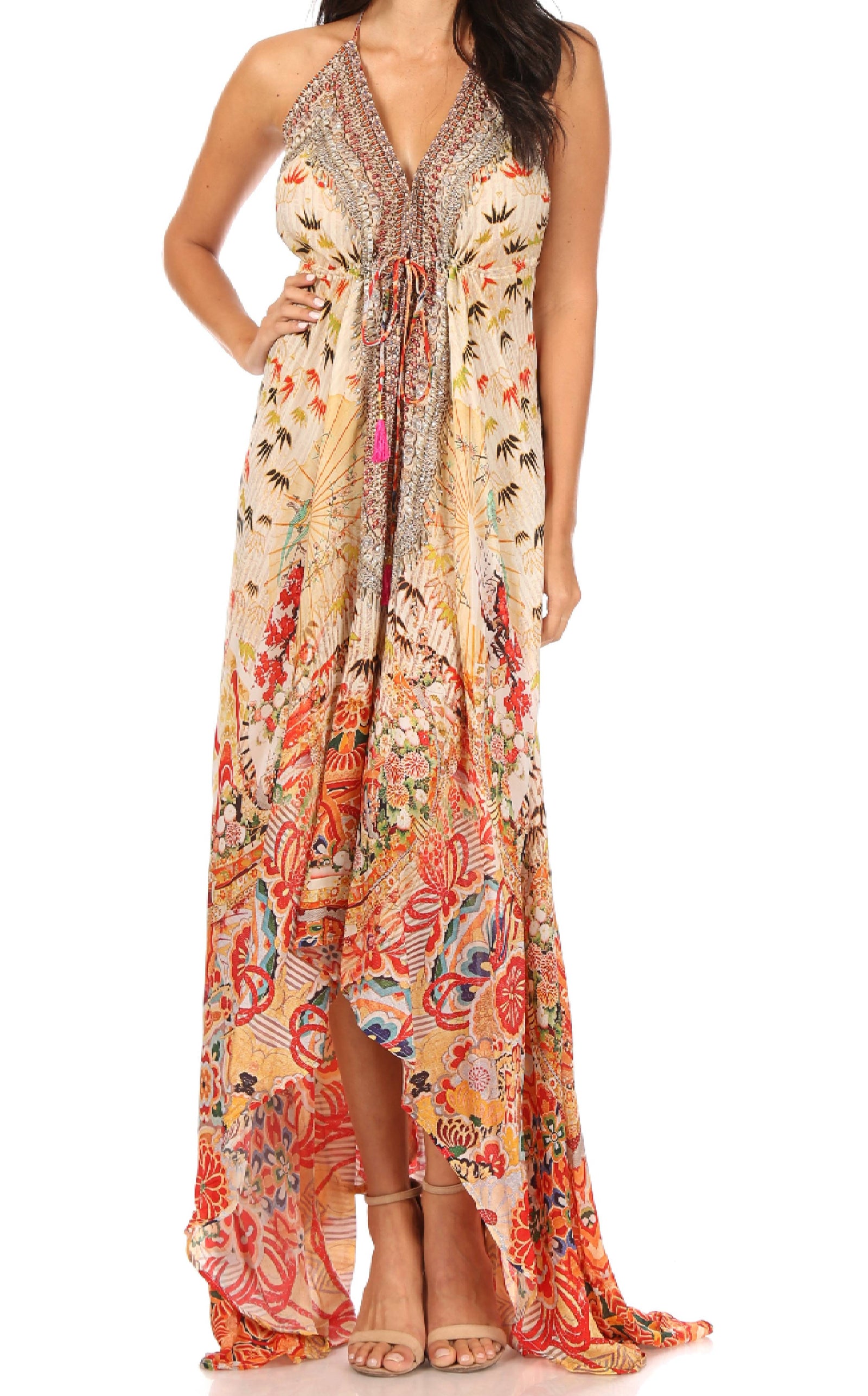 Vestido largo Sakkas Lizi para mujer, con cuello halter, corte alto y bajo, estilo pañuelo, para fiesta en la playa