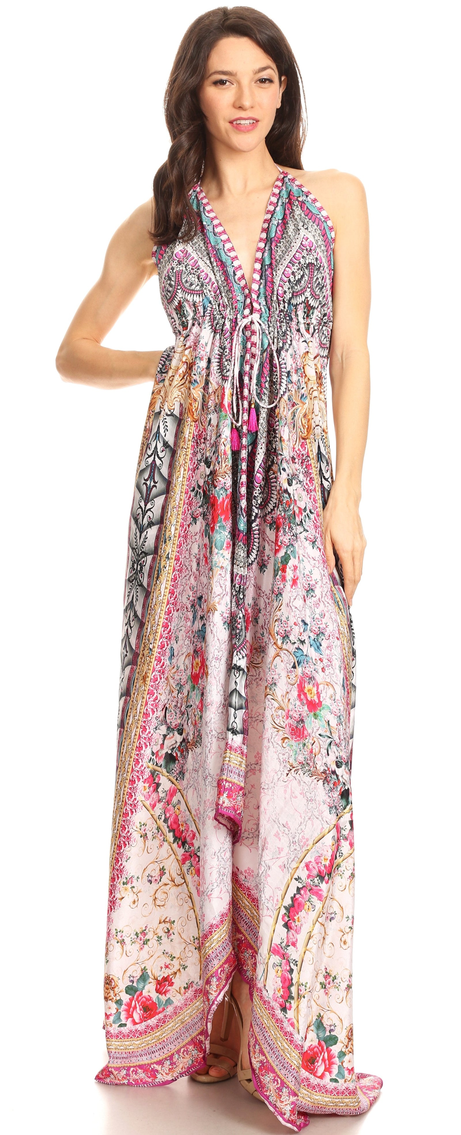 Vestido largo Sakkas Lizi para mujer, con cuello halter, corte alto y bajo, estilo pañuelo, para fiesta en la playa