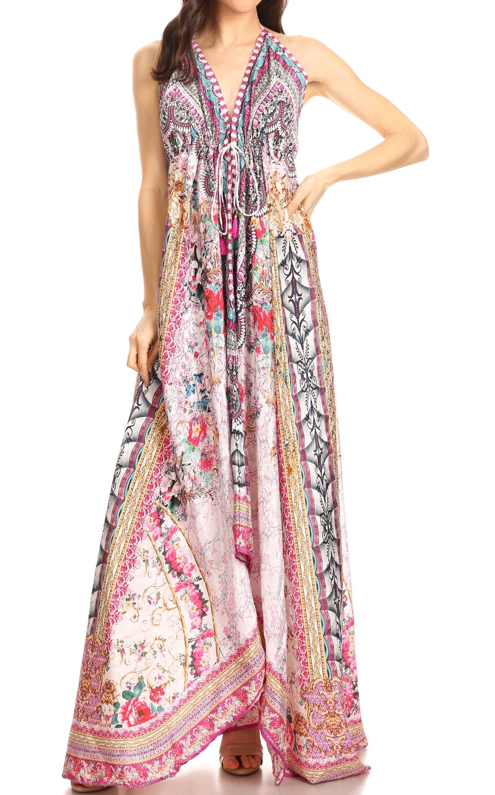 Vestido largo Sakkas Lizi para mujer, con cuello halter, corte alto y bajo, estilo pañuelo, para fiesta en la playa