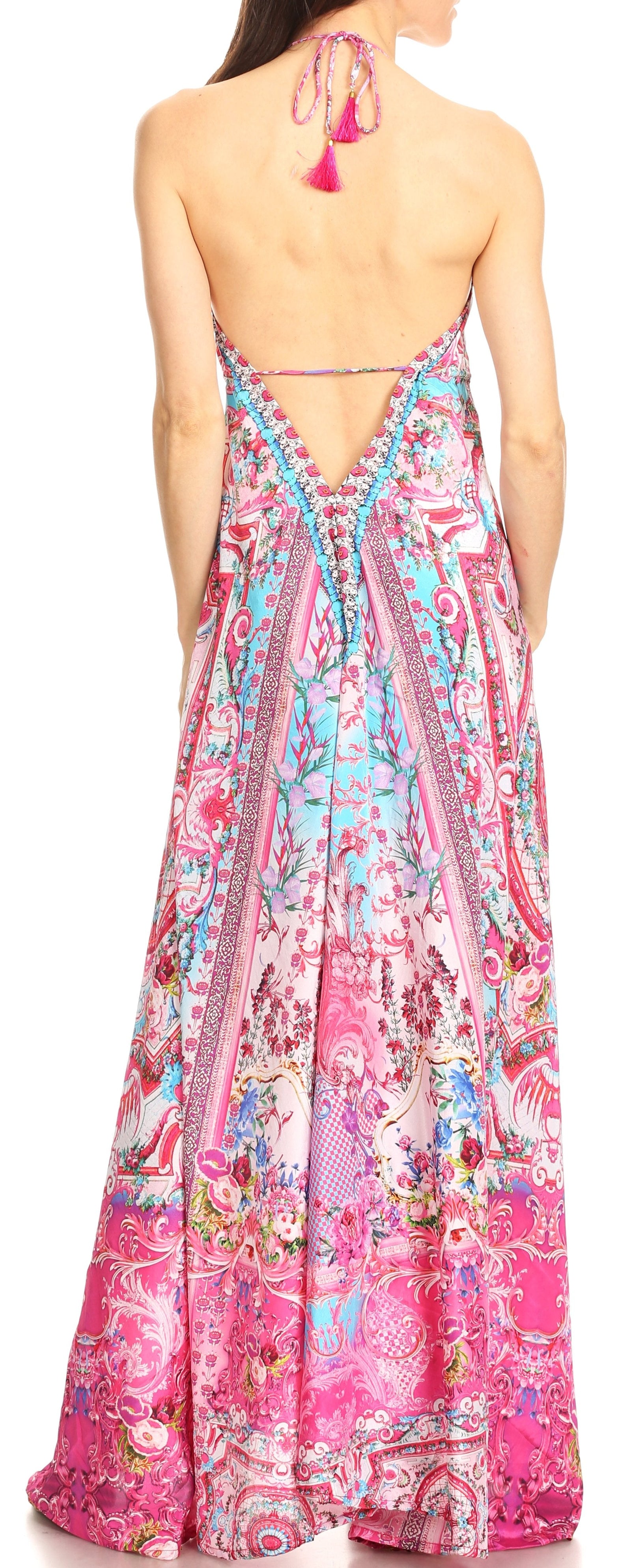 Vestido largo Sakkas Lizi para mujer, con cuello halter, corte alto y bajo, estilo pañuelo, para fiesta en la playa