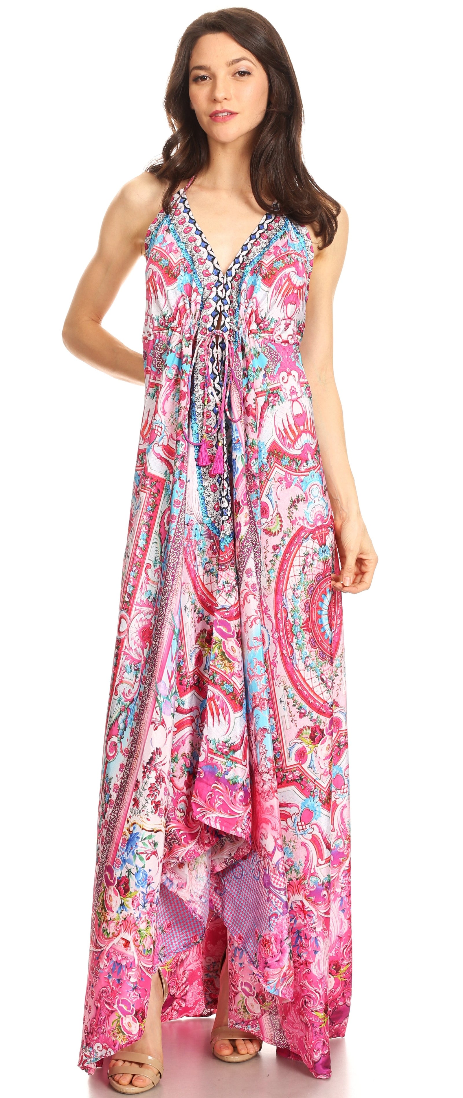 Vestido largo Sakkas Lizi para mujer, con cuello halter, corte alto y bajo, estilo pañuelo, para fiesta en la playa