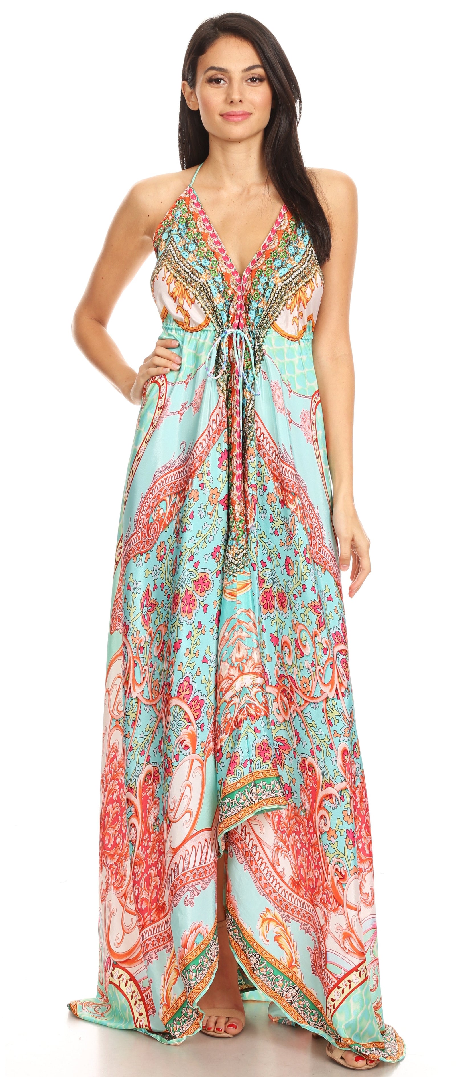 Vestido largo Sakkas Lizi para mujer, con cuello halter, corte alto y bajo, estilo pañuelo, para fiesta en la playa