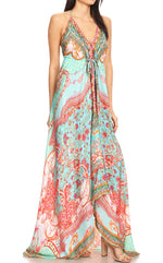 Vestido largo Sakkas Lizi para mujer, con cuello halter, corte alto y bajo, estilo pañuelo, para fiesta en la playa