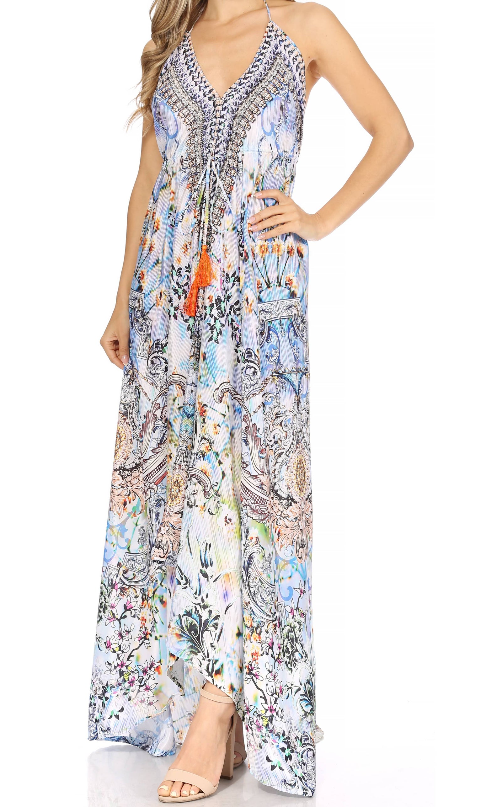 Vestido largo Sakkas Lizi para mujer, con cuello halter, corte alto y bajo, estilo pañuelo, para fiesta en la playa