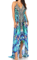 Vestido largo Sakkas Lizi para mujer, con cuello halter, corte alto y bajo, estilo pañuelo, para fiesta en la playa