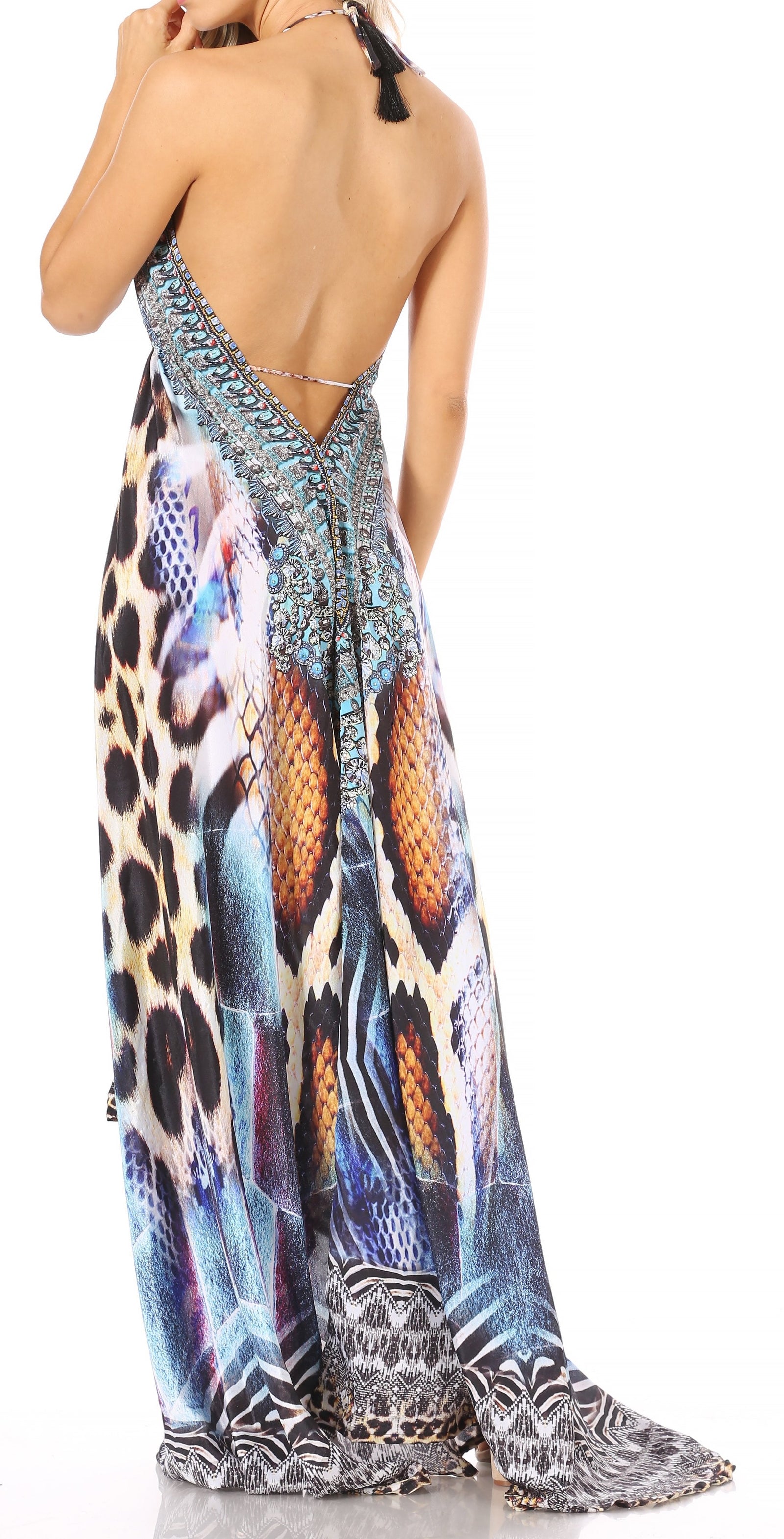 Vestido largo Sakkas Lizi para mujer, con cuello halter, corte alto y bajo, estilo pañuelo, para fiesta en la playa
