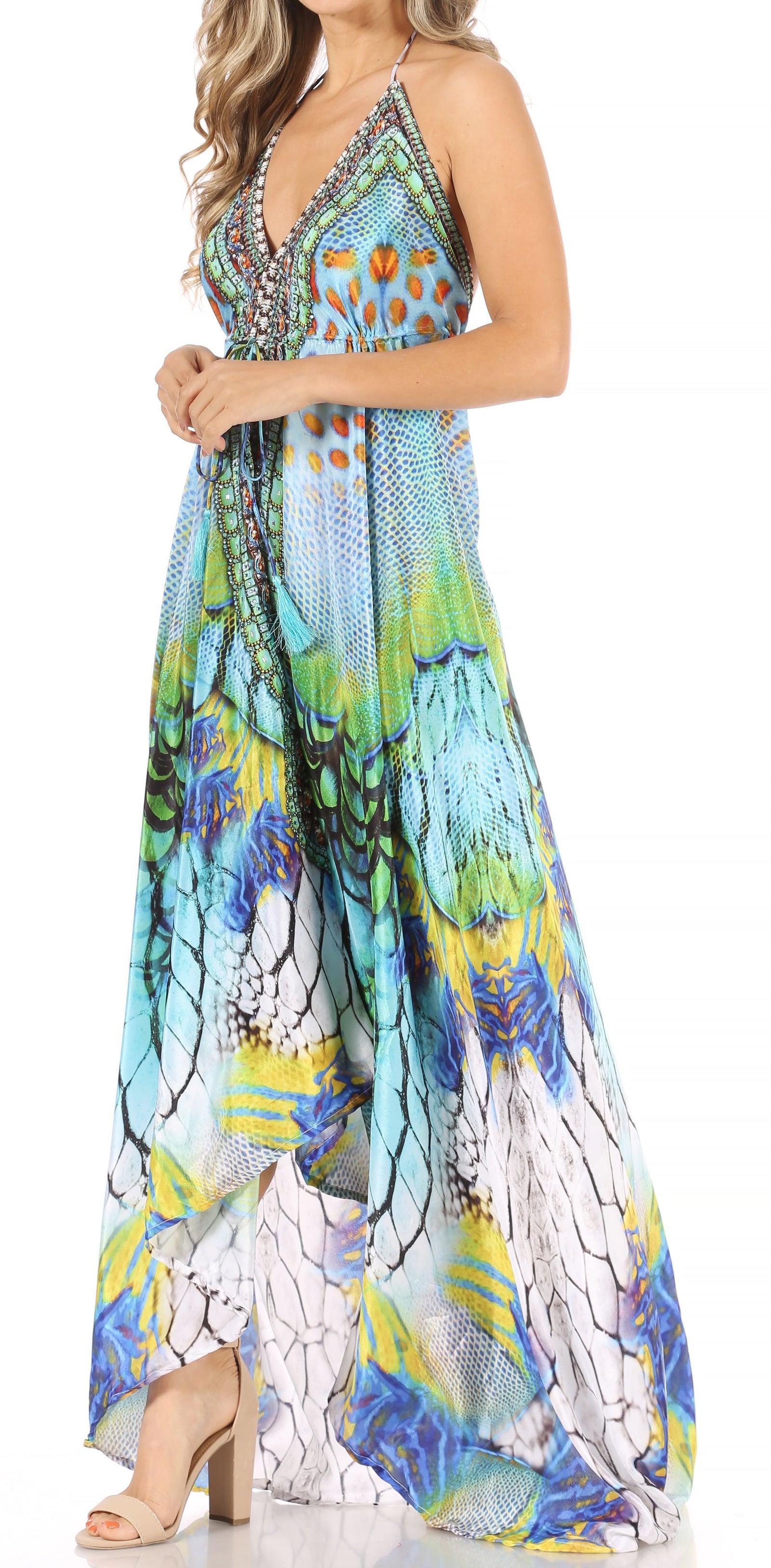 Vestido largo Sakkas Lizi para mujer, con cuello halter, corte alto y bajo, estilo pañuelo, para fiesta en la playa