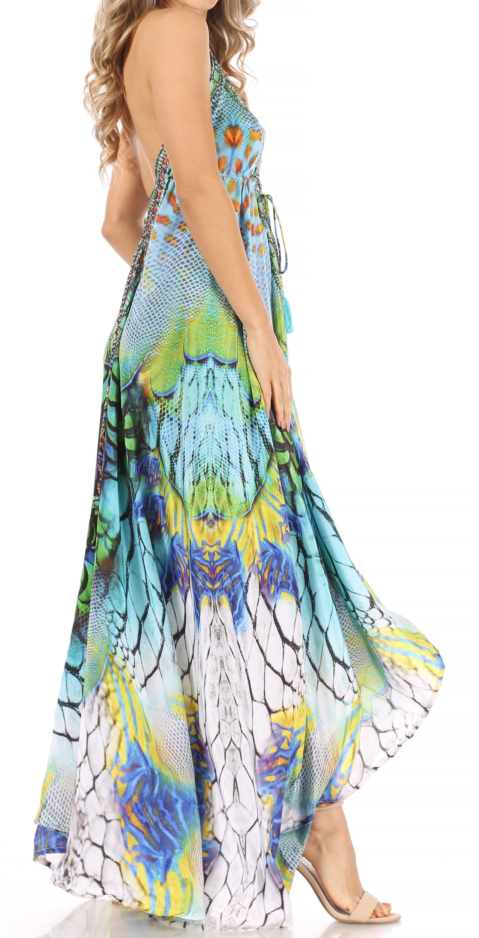 Vestido largo Sakkas Lizi para mujer, con cuello halter, corte alto y bajo, estilo pañuelo, para fiesta en la playa