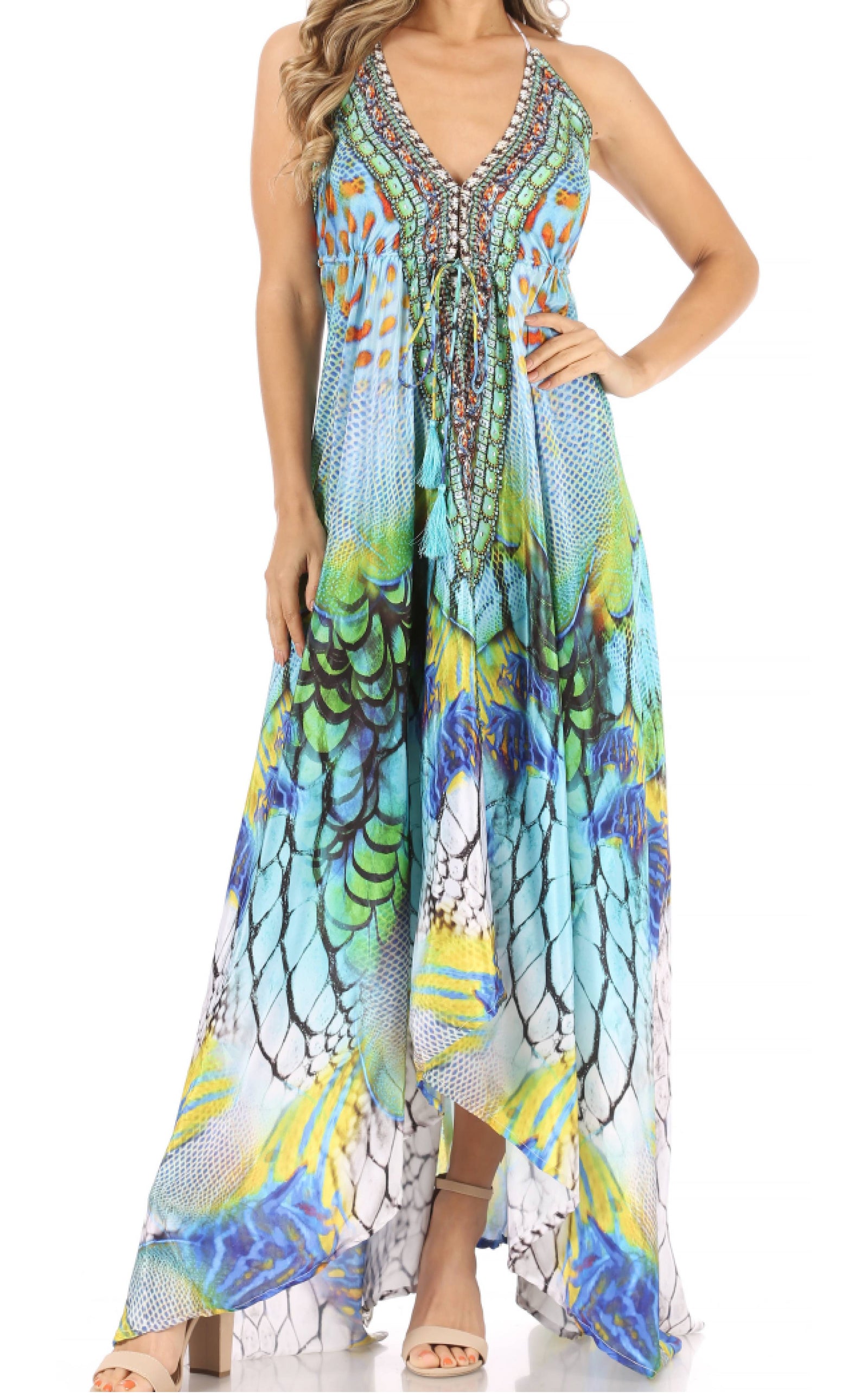 Vestido largo Sakkas Lizi para mujer, con cuello halter, corte alto y bajo, estilo pañuelo, para fiesta en la playa