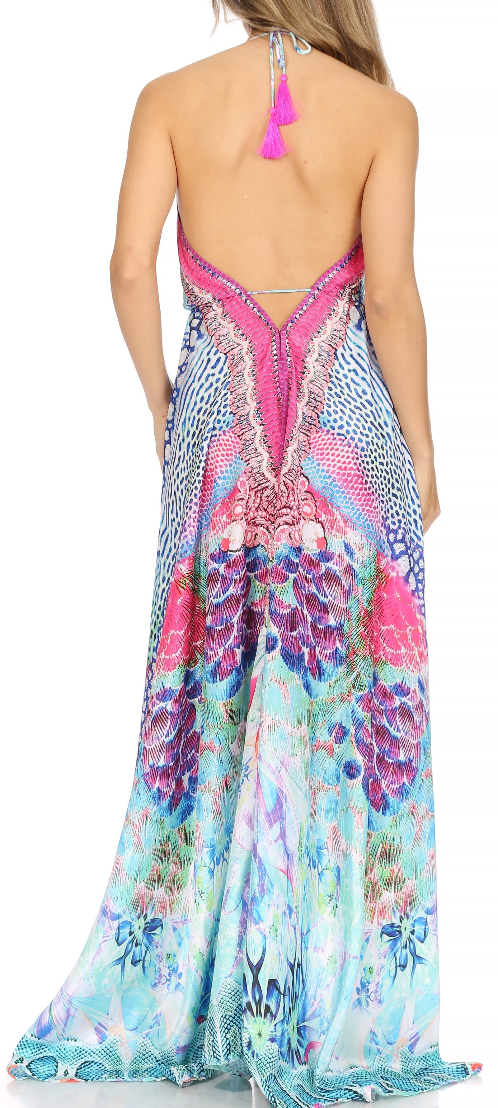 Vestido largo Sakkas Lizi para mujer, con cuello halter, corte alto y bajo, estilo pañuelo, para fiesta en la playa
