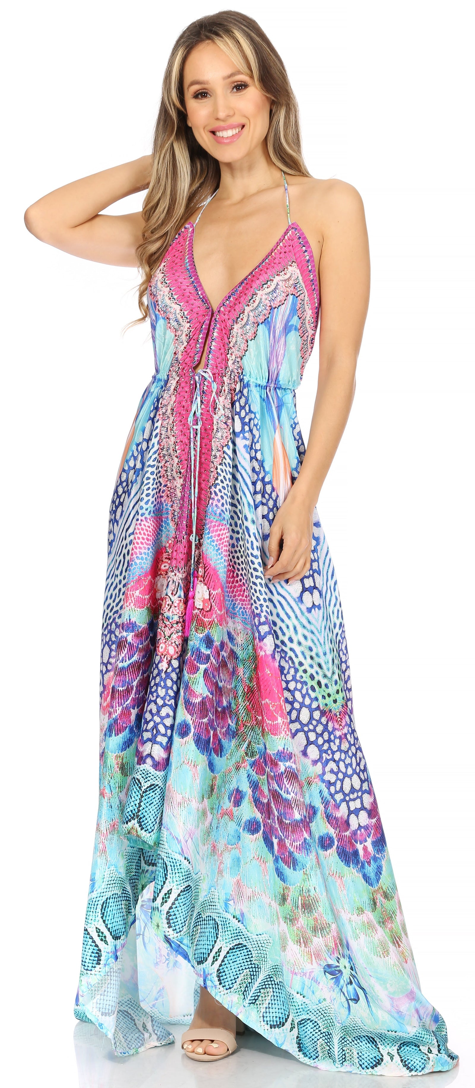 Vestido largo Sakkas Lizi para mujer, con cuello halter, corte alto y bajo, estilo pañuelo, para fiesta en la playa