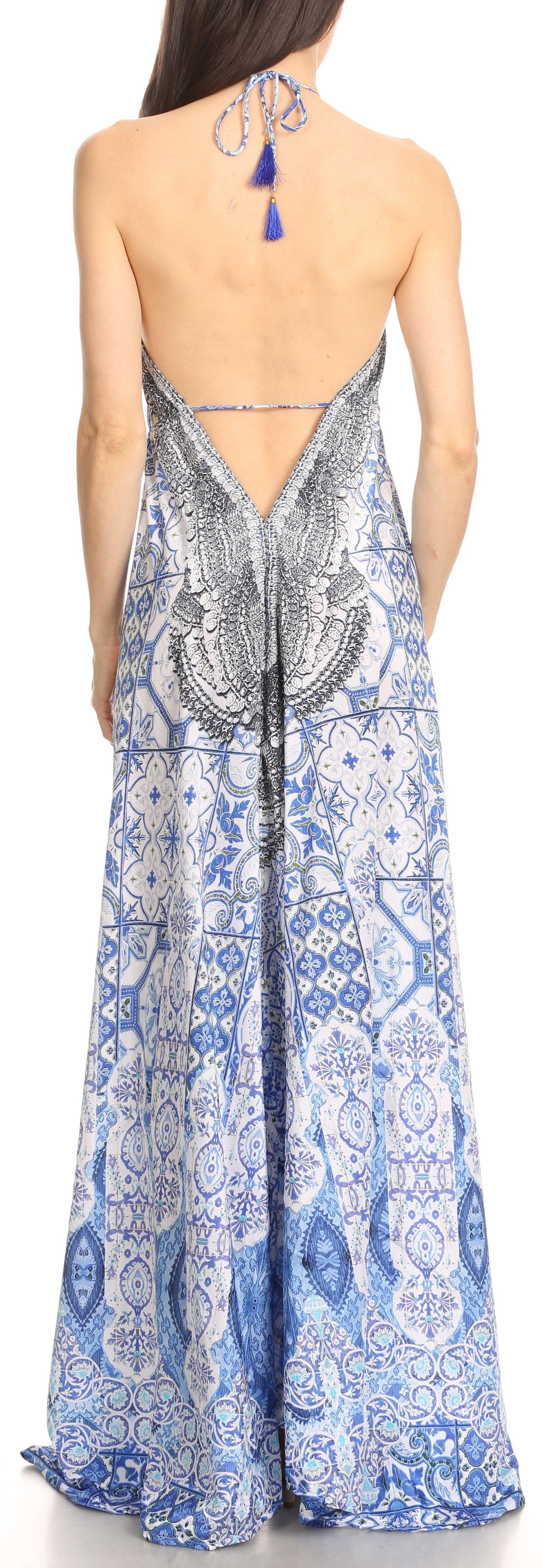 Vestido largo Sakkas Lizi para mujer, con cuello halter, corte alto y bajo, estilo pañuelo, para fiesta en la playa