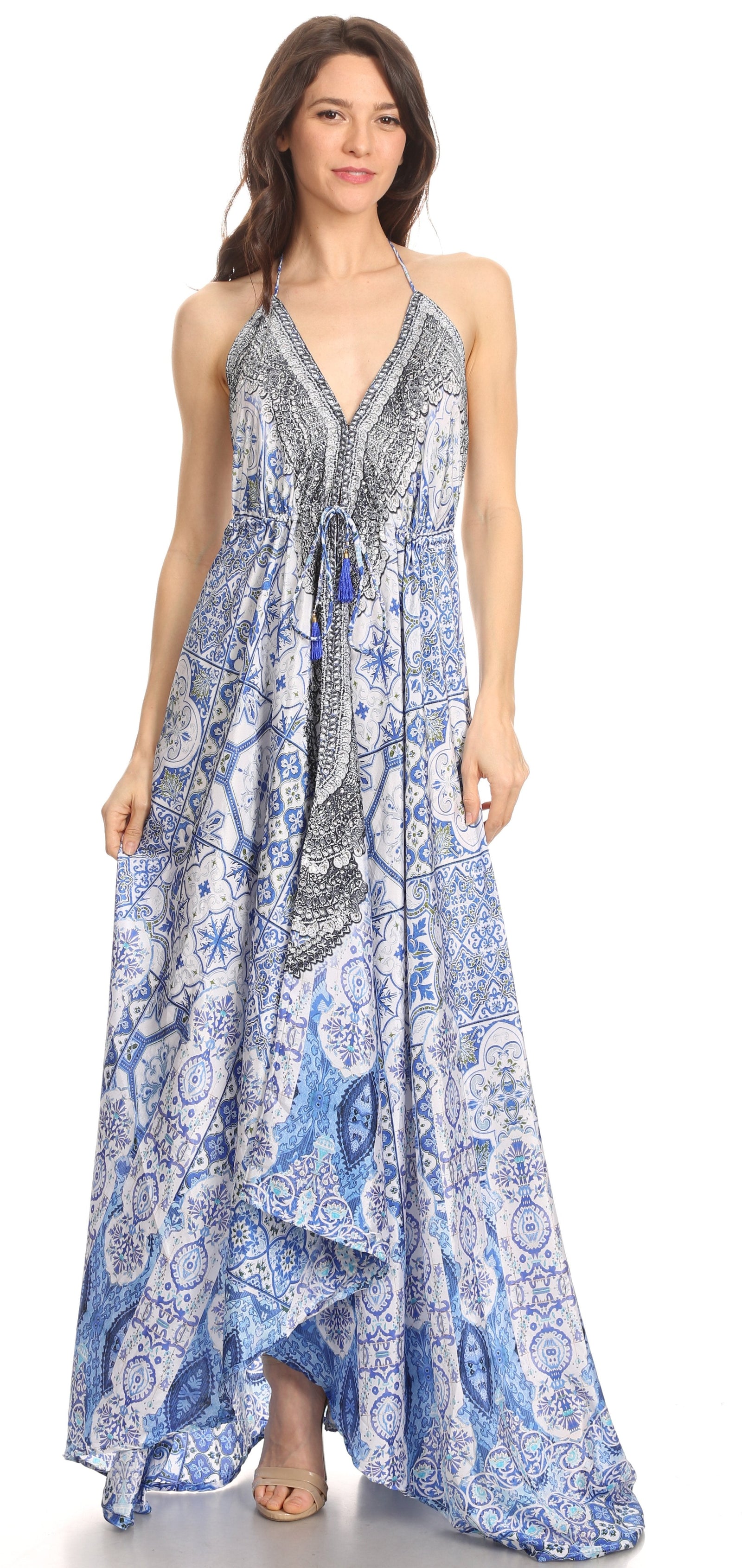 Vestido largo Sakkas Lizi para mujer, con cuello halter, corte alto y bajo, estilo pañuelo, para fiesta en la playa