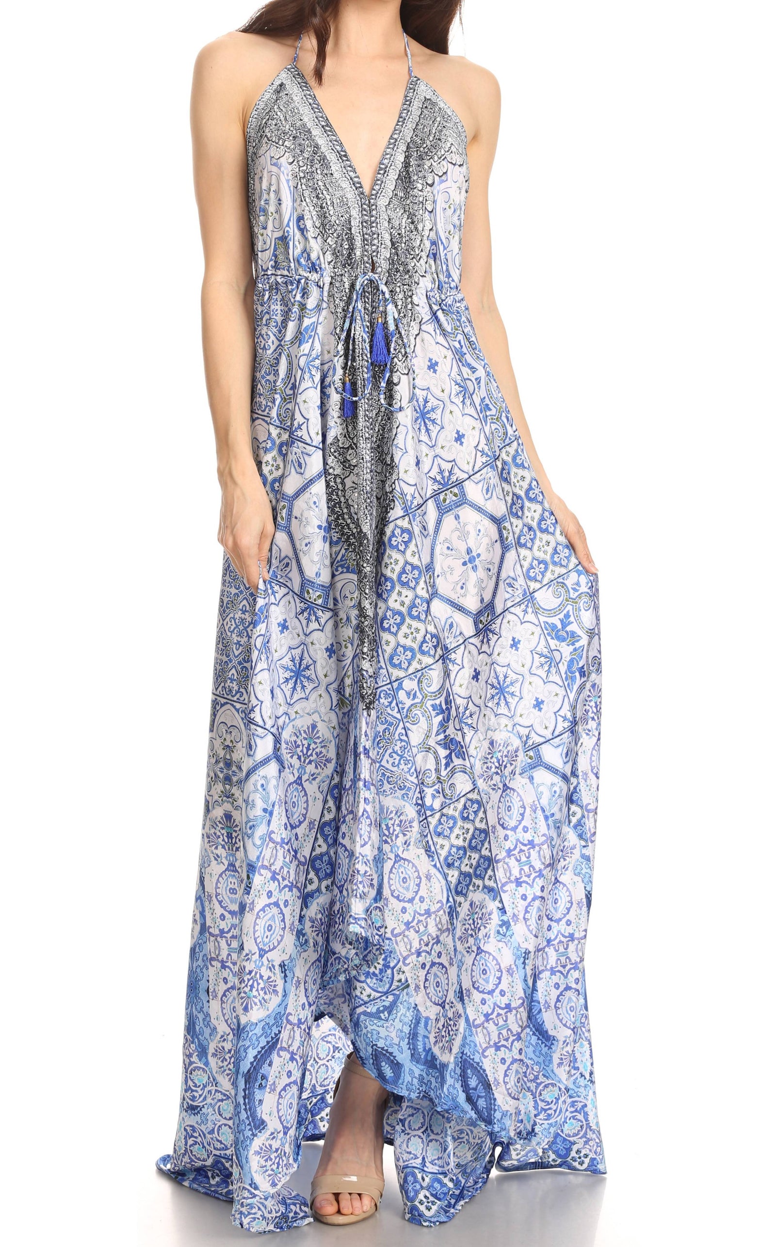 Vestido largo Sakkas Lizi para mujer, con cuello halter, corte alto y bajo, estilo pañuelo, para fiesta en la playa