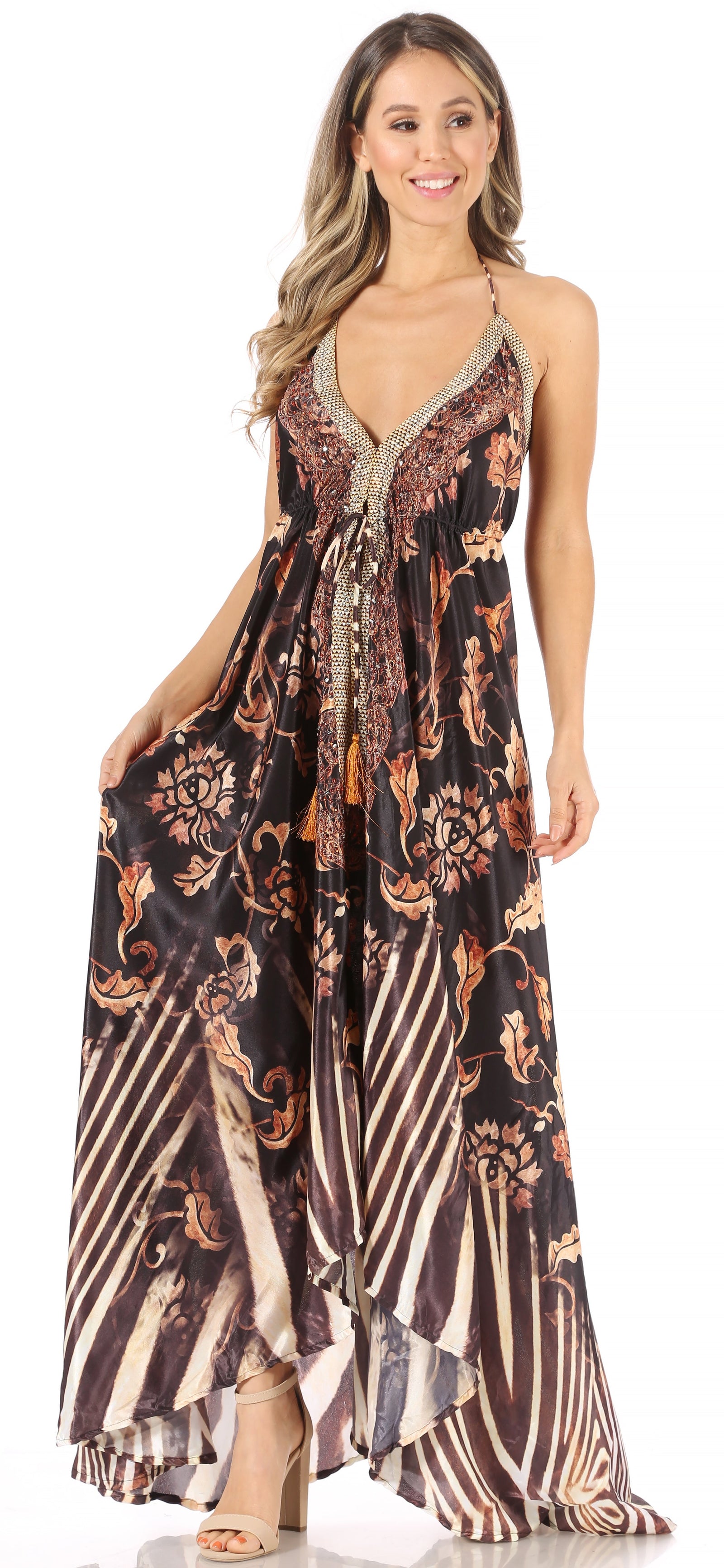 Vestido largo Sakkas Lizi para mujer, con cuello halter, corte alto y bajo, estilo pañuelo, para fiesta en la playa