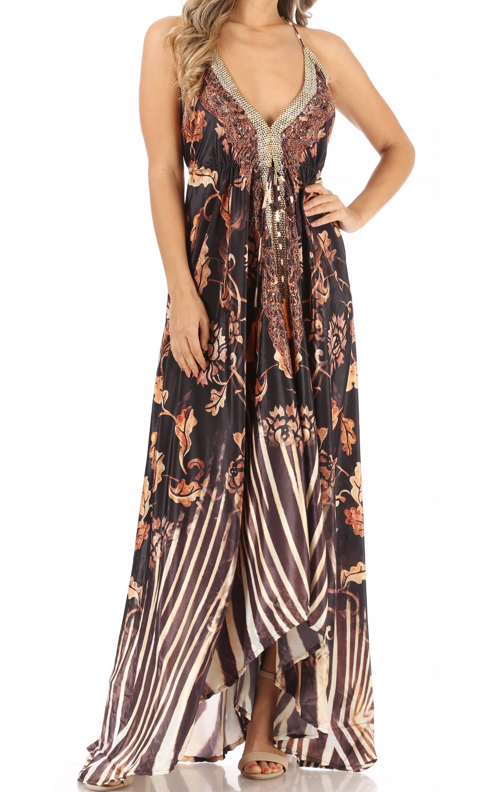Vestido largo Sakkas Lizi para mujer, con cuello halter, corte alto y bajo, estilo pañuelo, para fiesta en la playa