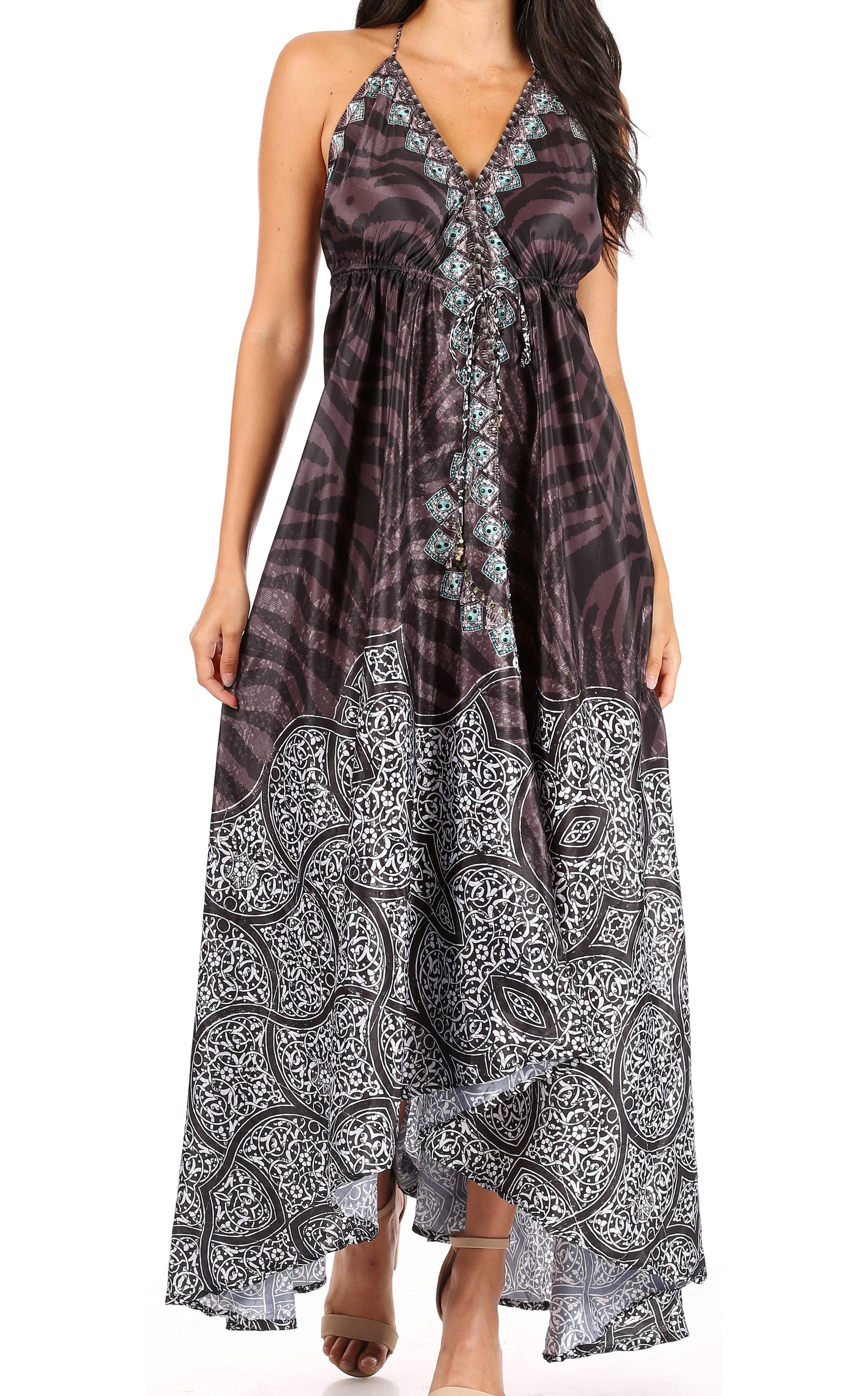 Vestido largo Sakkas Lizi para mujer, con cuello halter, corte alto y bajo, estilo pañuelo, para fiesta en la playa