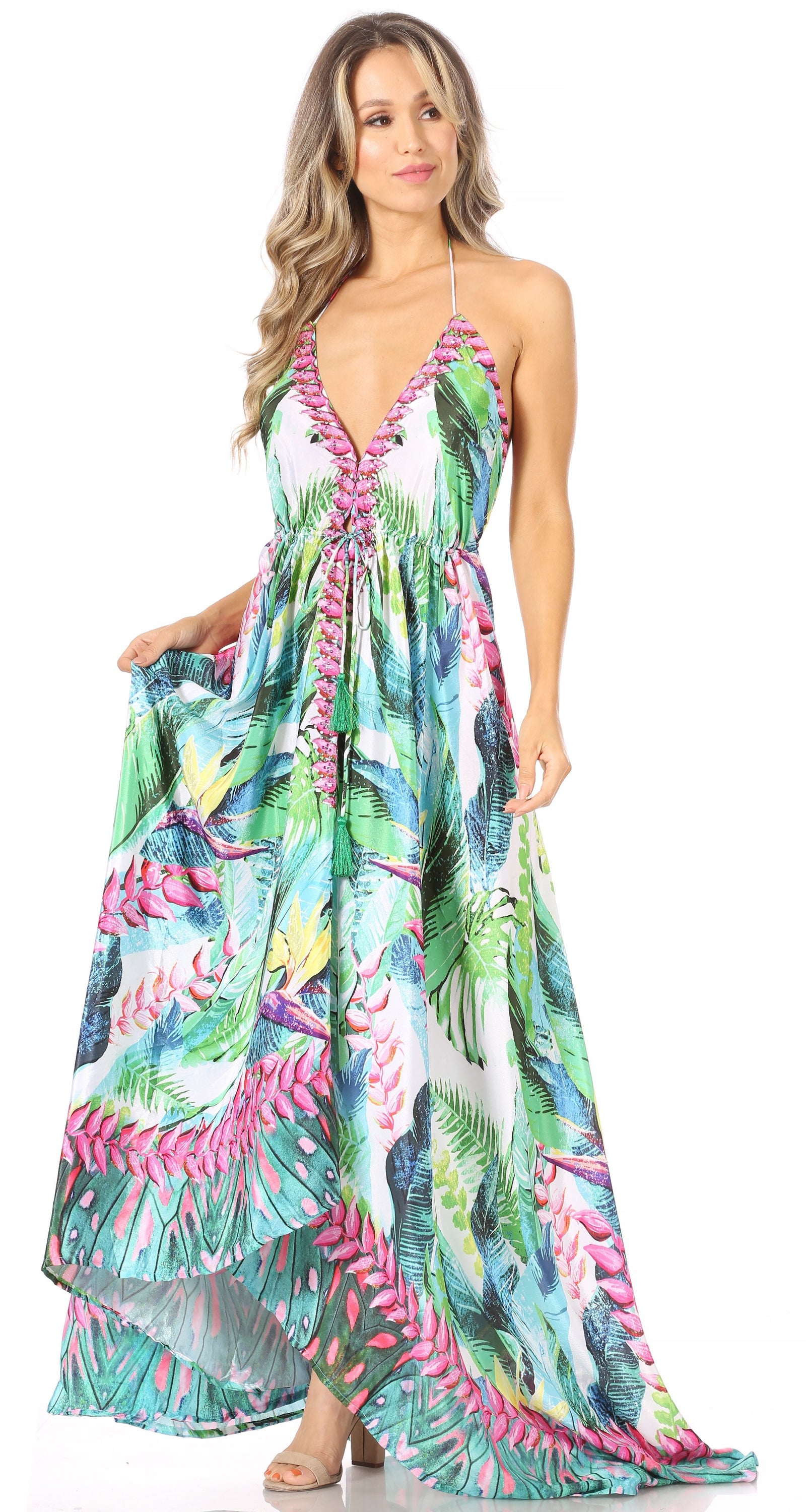 Vestido largo Sakkas Lizi para mujer, con cuello halter, corte alto y bajo, estilo pañuelo, para fiesta en la playa