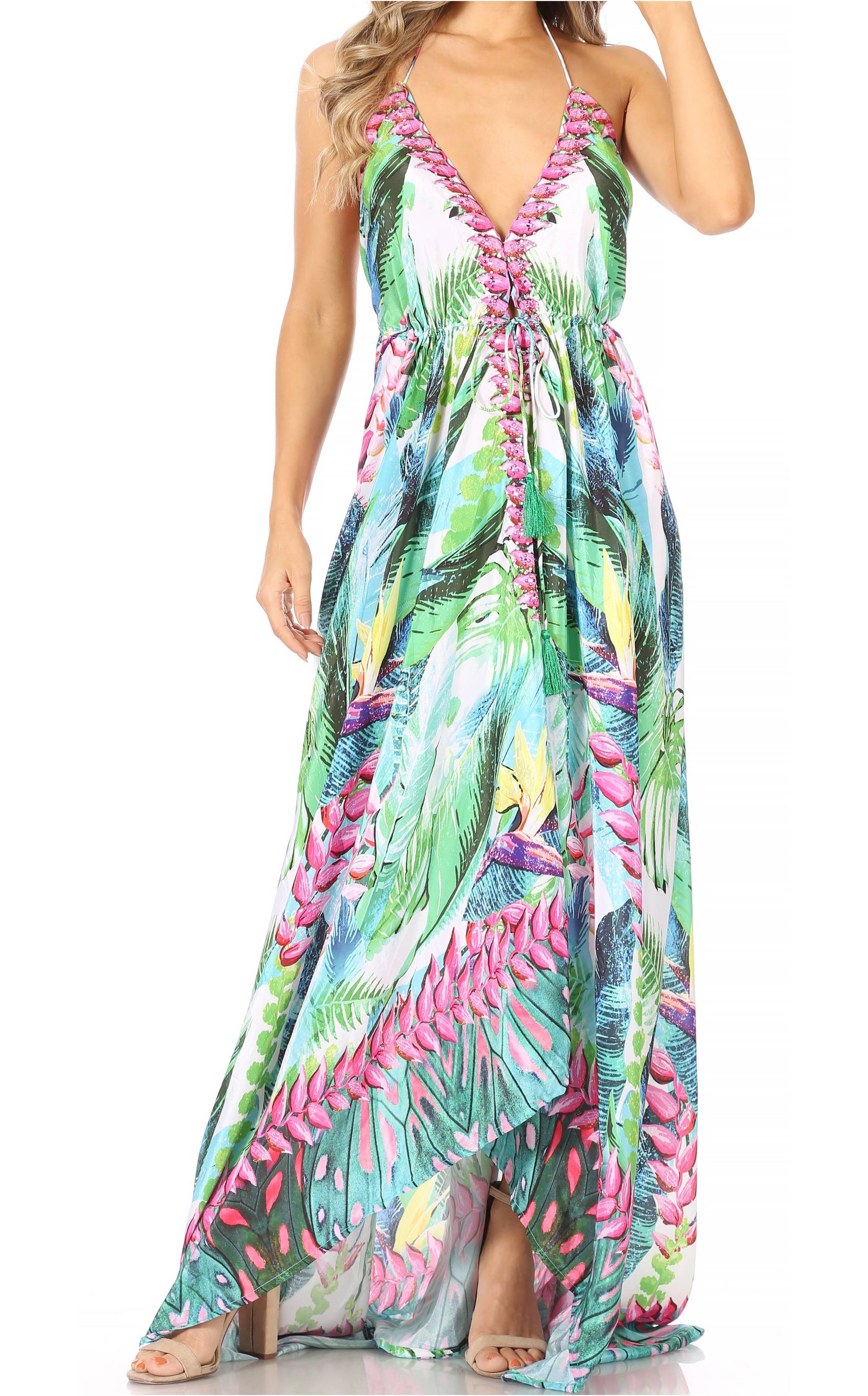 Vestido largo Sakkas Lizi para mujer, con cuello halter, corte alto y bajo, estilo pañuelo, para fiesta en la playa