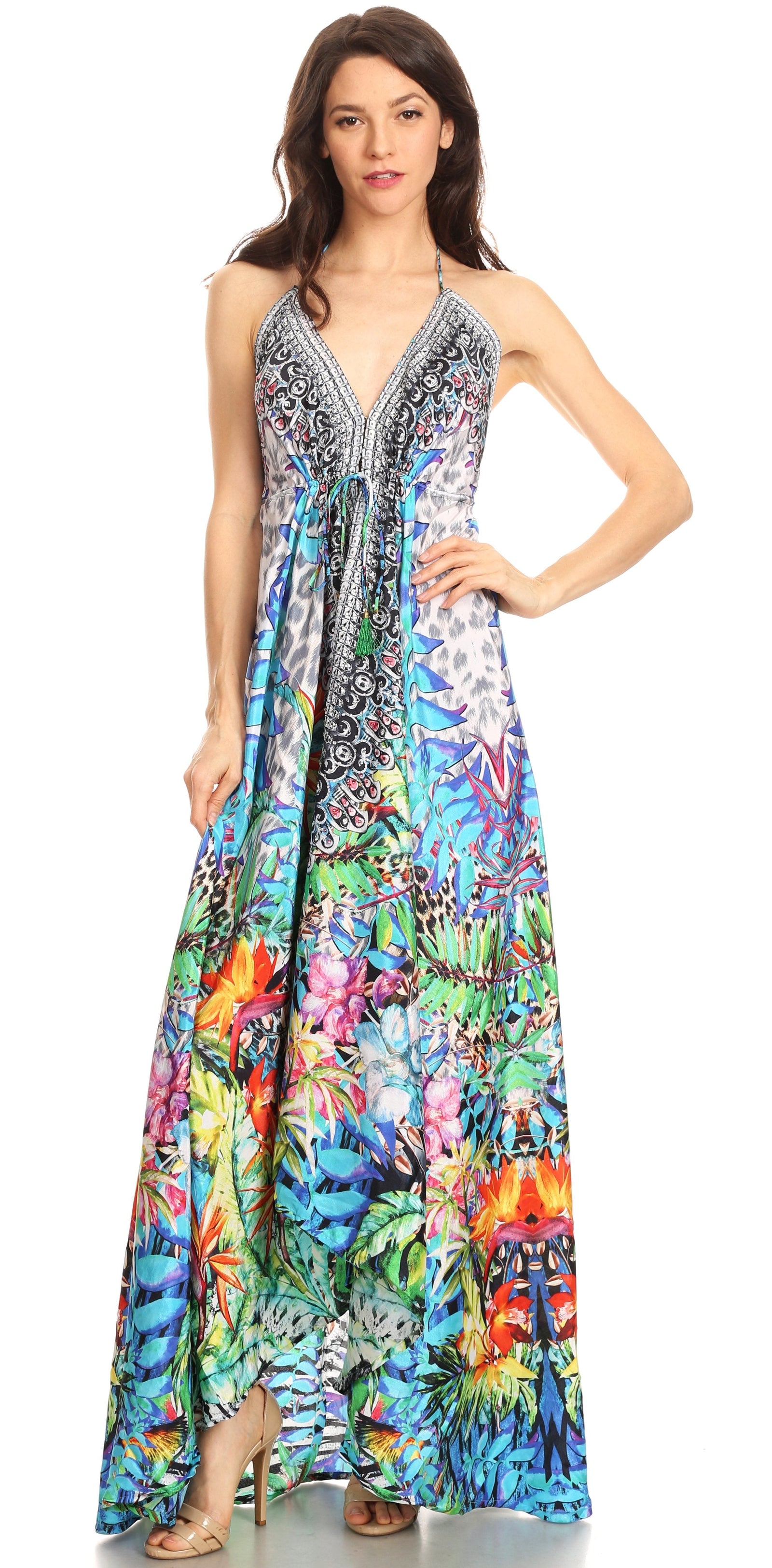 Vestido largo Sakkas Lizi para mujer, con cuello halter, corte alto y bajo, estilo pañuelo, para fiesta en la playa