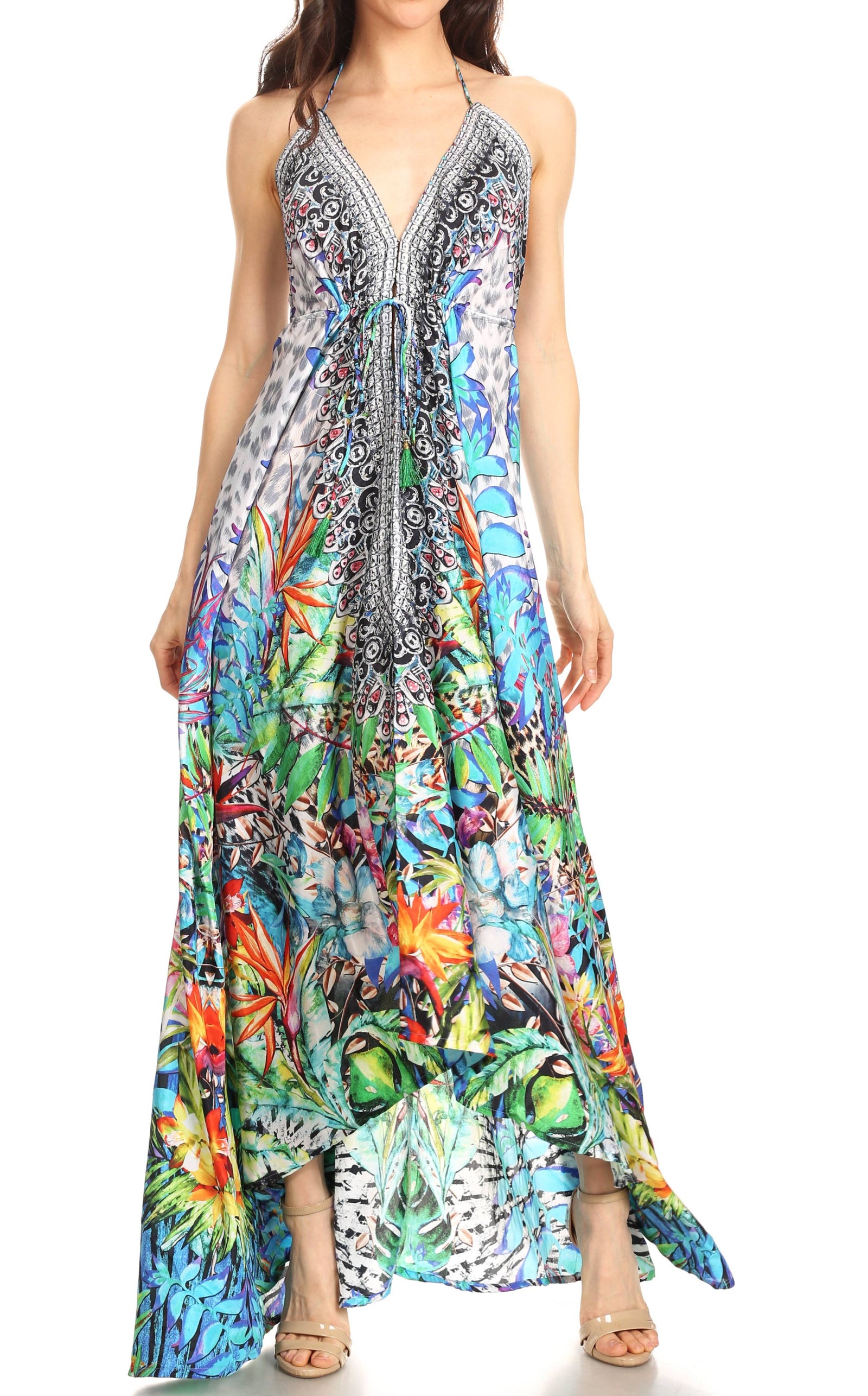 Vestido largo Sakkas Lizi para mujer, con cuello halter, corte alto y bajo, estilo pañuelo, para fiesta en la playa