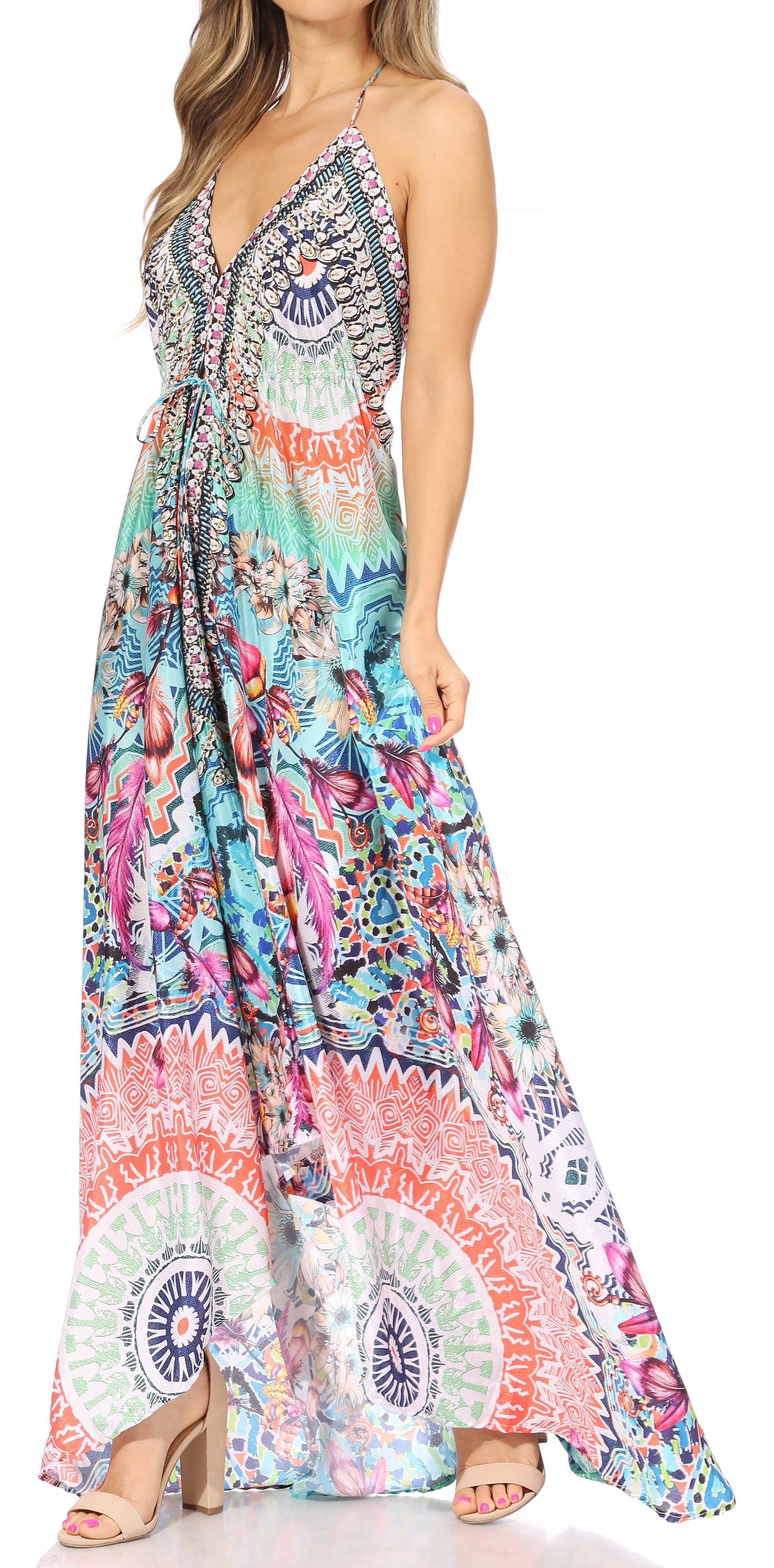 Vestido largo Sakkas Lizi para mujer, con cuello halter, corte alto y bajo, estilo pañuelo, para fiesta en la playa