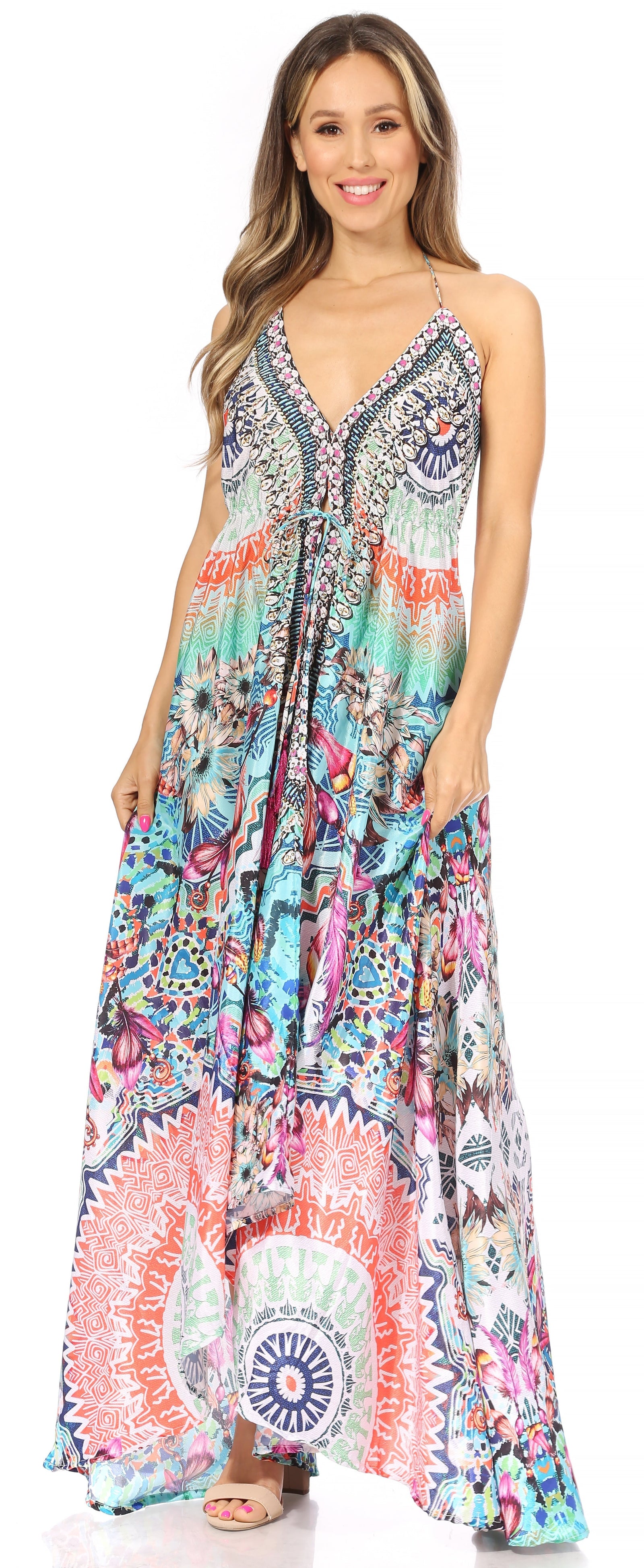 Vestido largo Sakkas Lizi para mujer, con cuello halter, corte alto y bajo, estilo pañuelo, para fiesta en la playa