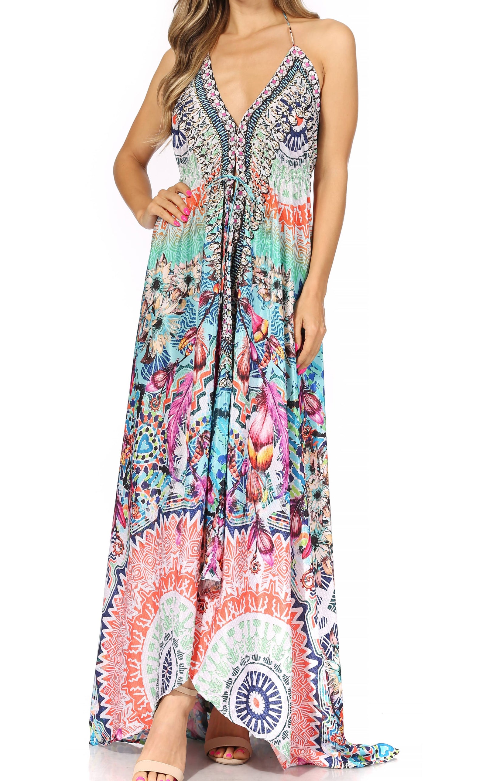 Vestido largo Sakkas Lizi para mujer, con cuello halter, corte alto y bajo, estilo pañuelo, para fiesta en la playa