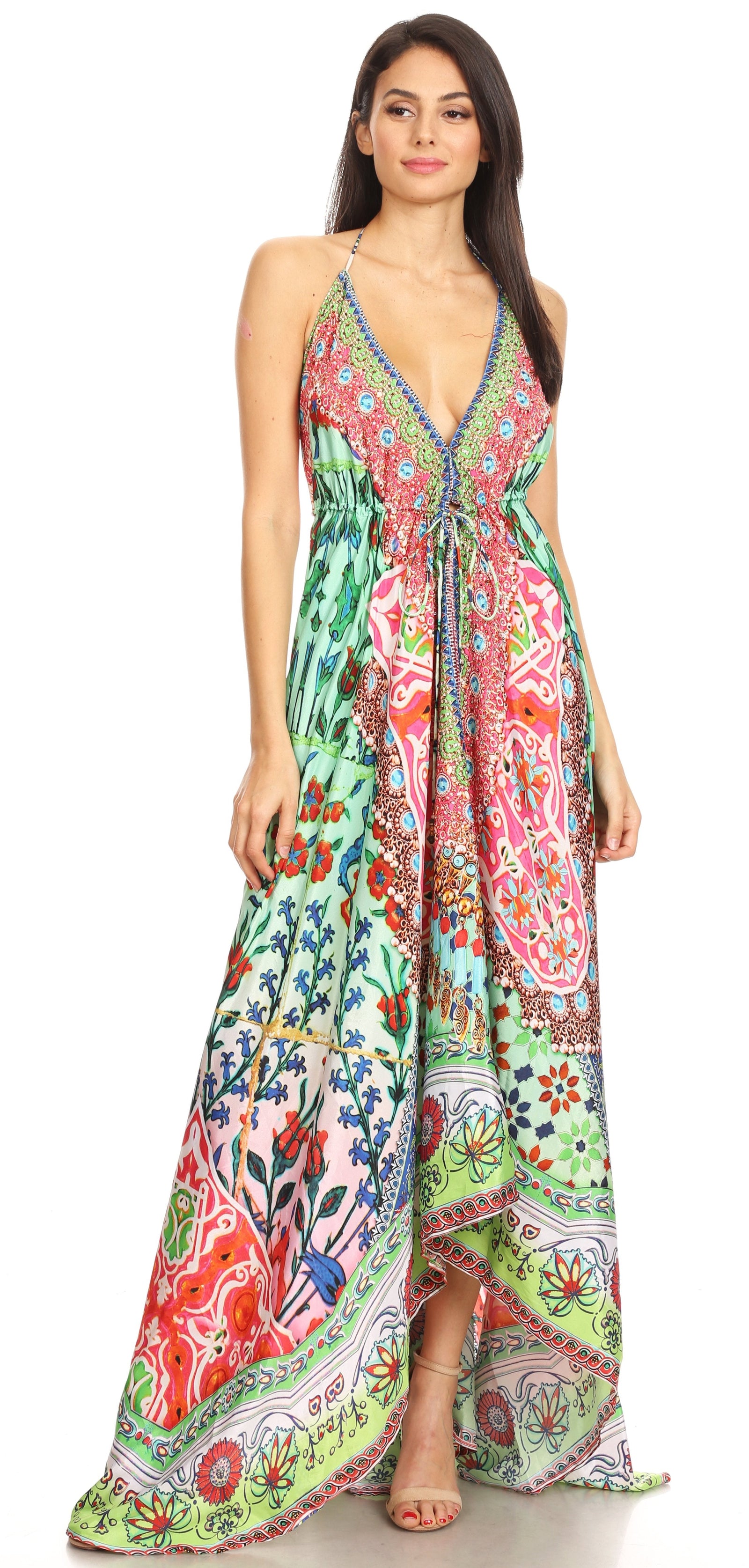 Vestido largo Sakkas Lizi para mujer, con cuello halter, corte alto y bajo, estilo pañuelo, para fiesta en la playa