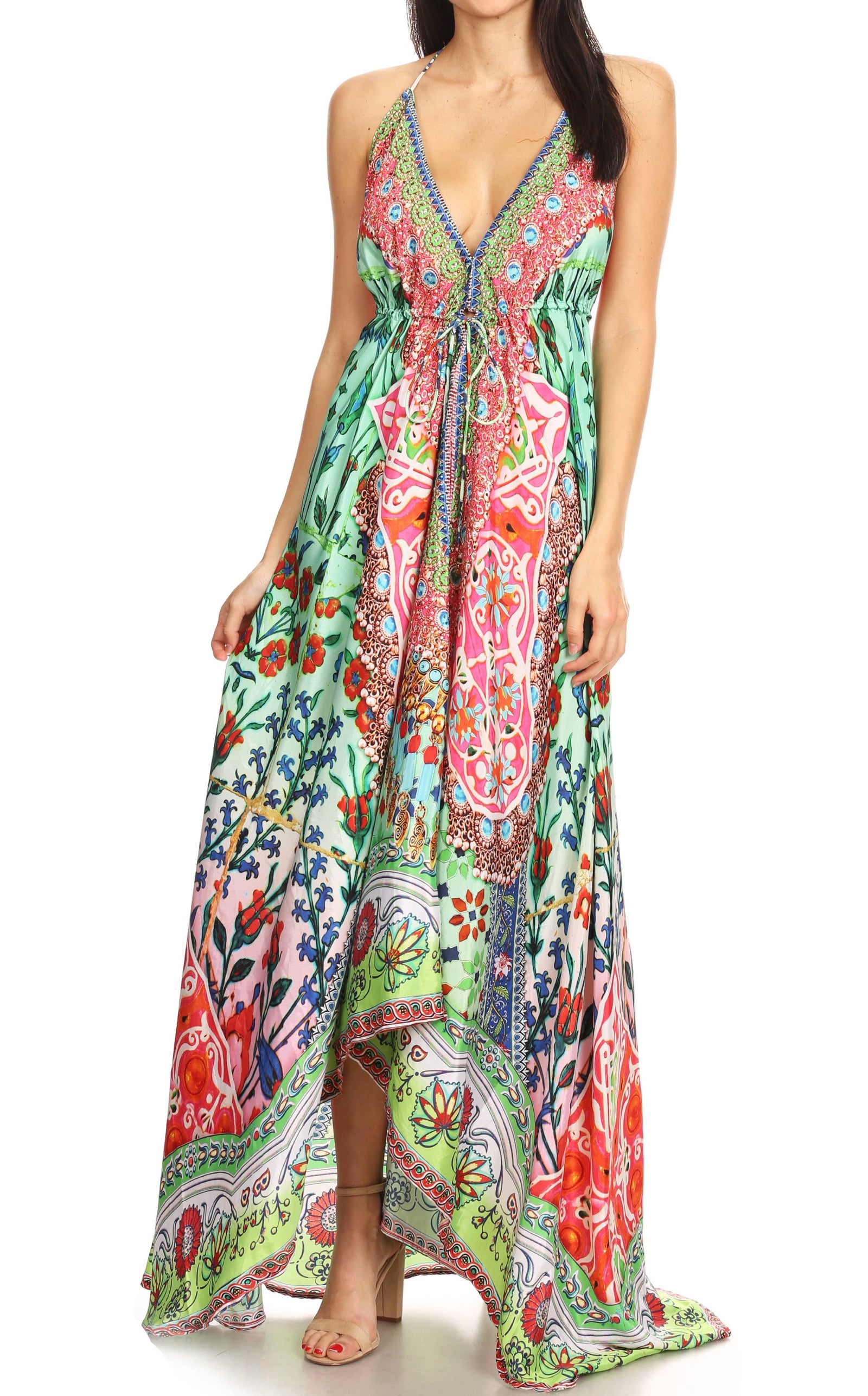 Vestido largo Sakkas Lizi para mujer, con cuello halter, corte alto y bajo, estilo pañuelo, para fiesta en la playa