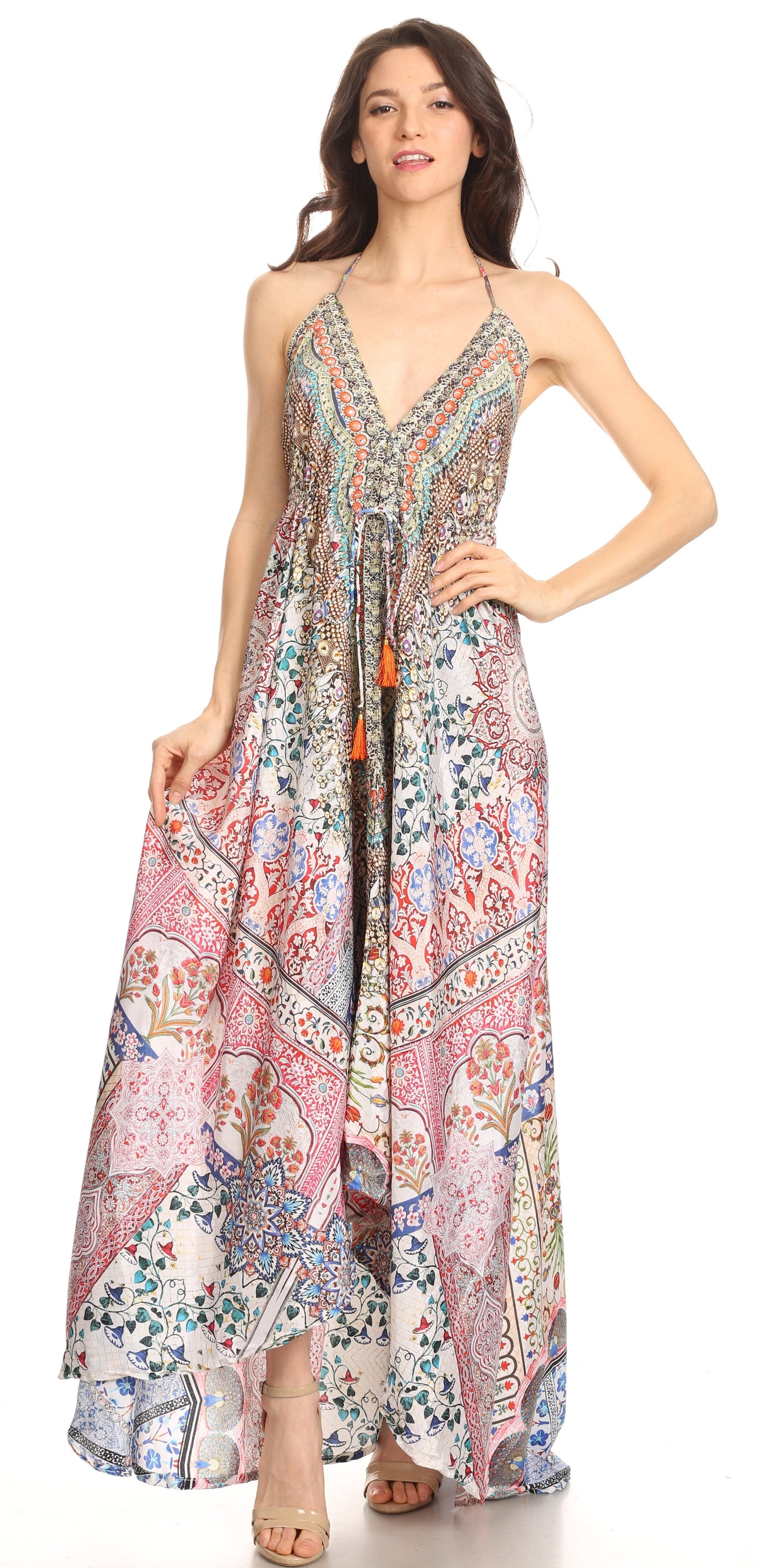 Vestido largo Sakkas Lizi para mujer, con cuello halter, corte alto y bajo, estilo pañuelo, para fiesta en la playa