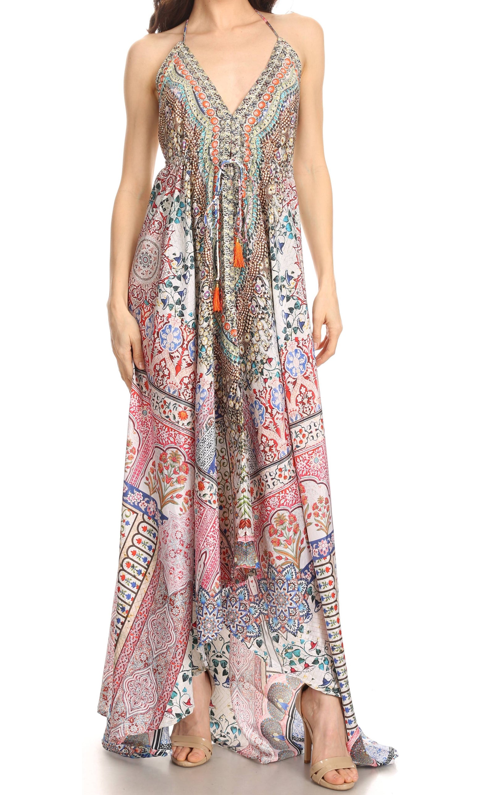 Vestido largo Sakkas Lizi para mujer, con cuello halter, corte alto y bajo, estilo pañuelo, para fiesta en la playa