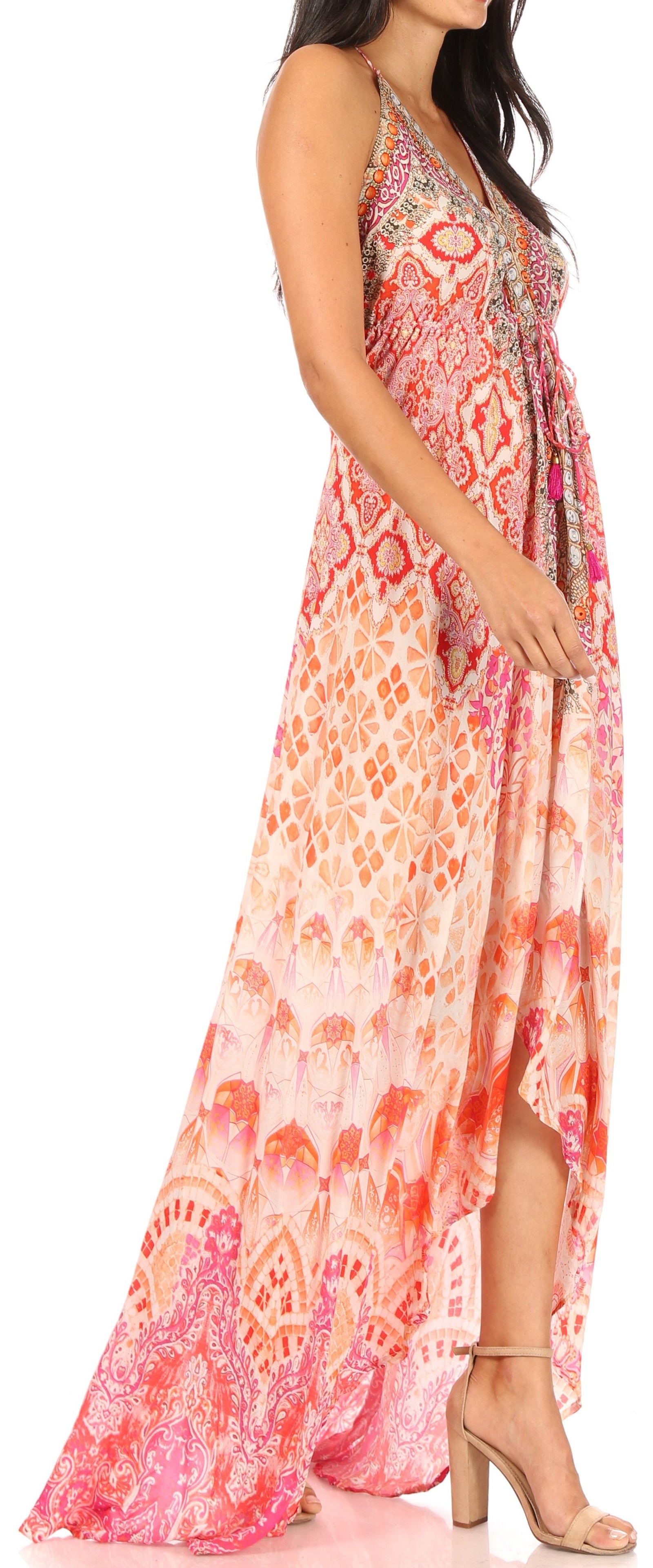 Vestido largo Sakkas Lizi para mujer, con cuello halter, corte alto y bajo, estilo pañuelo, para fiesta en la playa