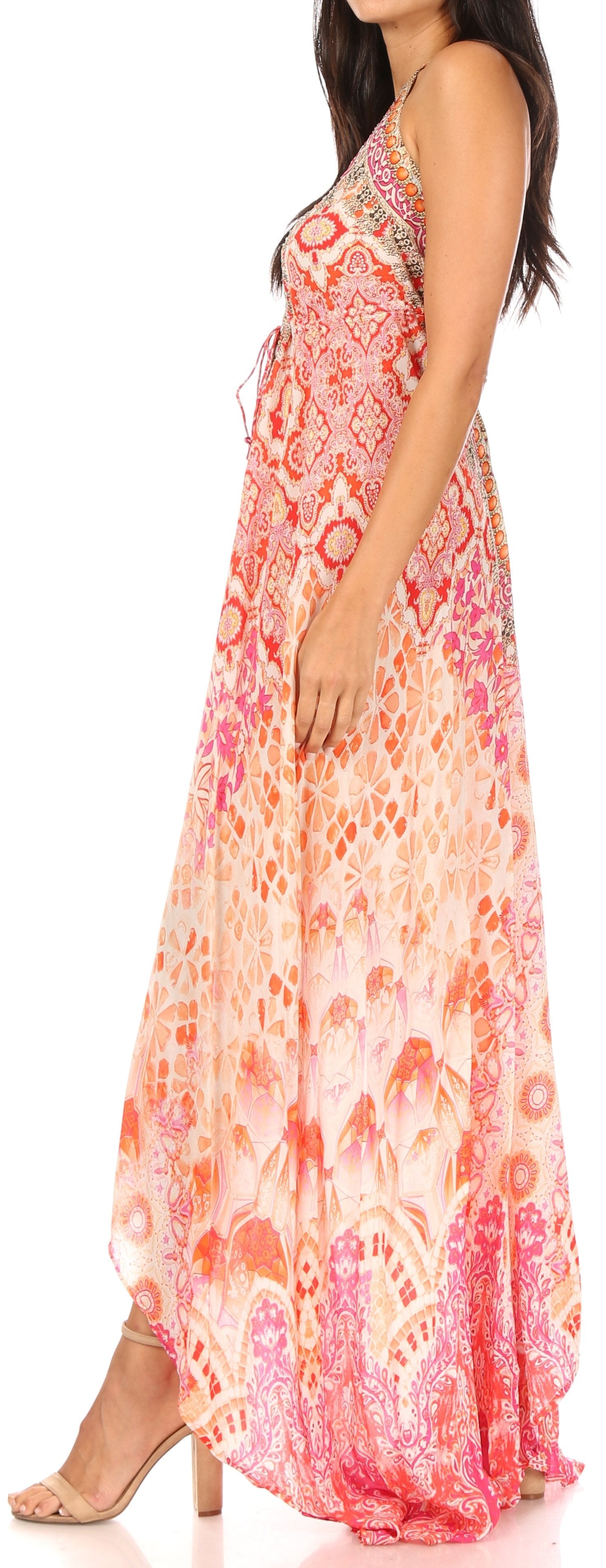 Vestido largo Sakkas Lizi para mujer, con cuello halter, corte alto y bajo, estilo pañuelo, para fiesta en la playa