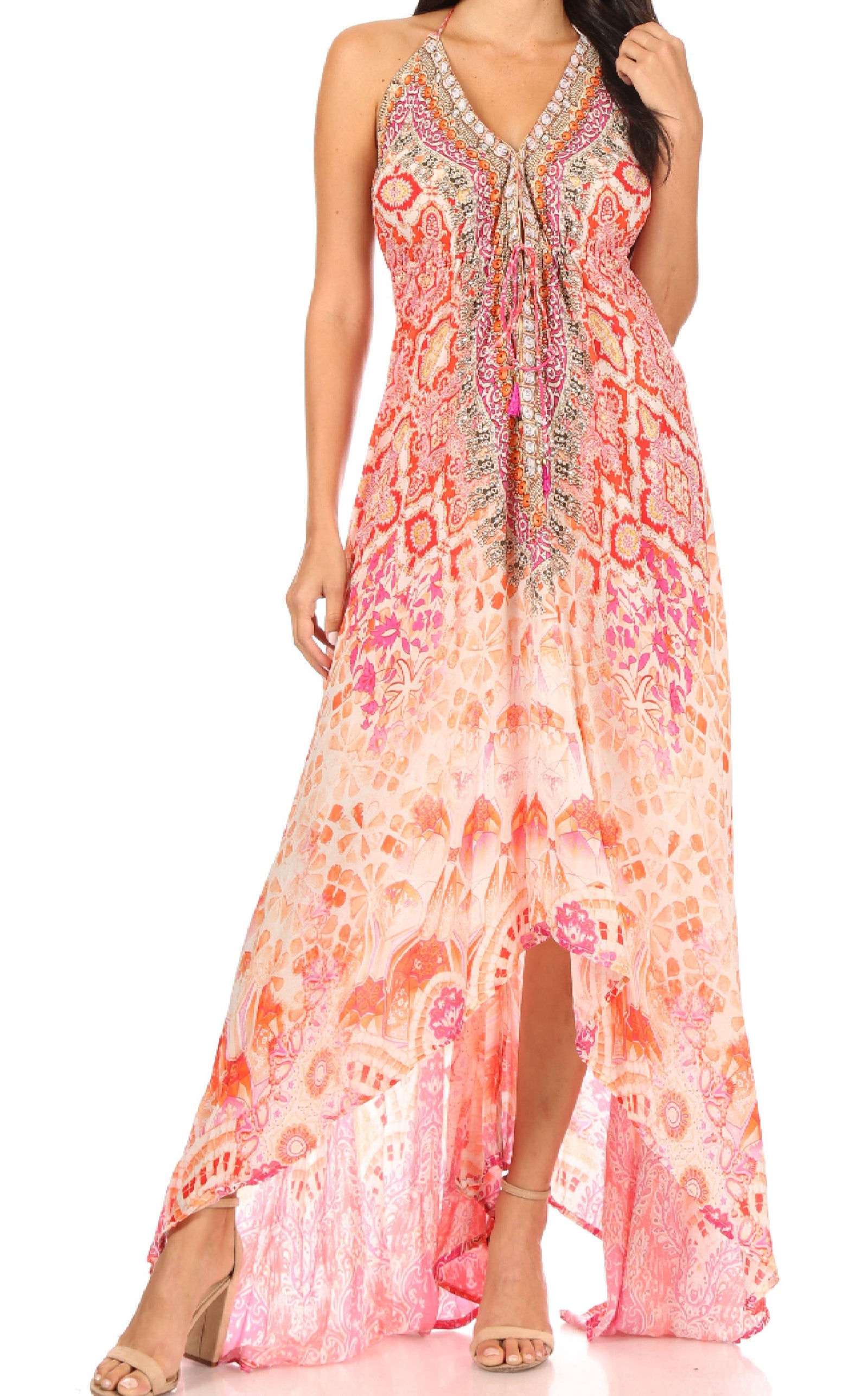 Vestido largo Sakkas Lizi para mujer, con cuello halter, corte alto y bajo, estilo pañuelo, para fiesta en la playa