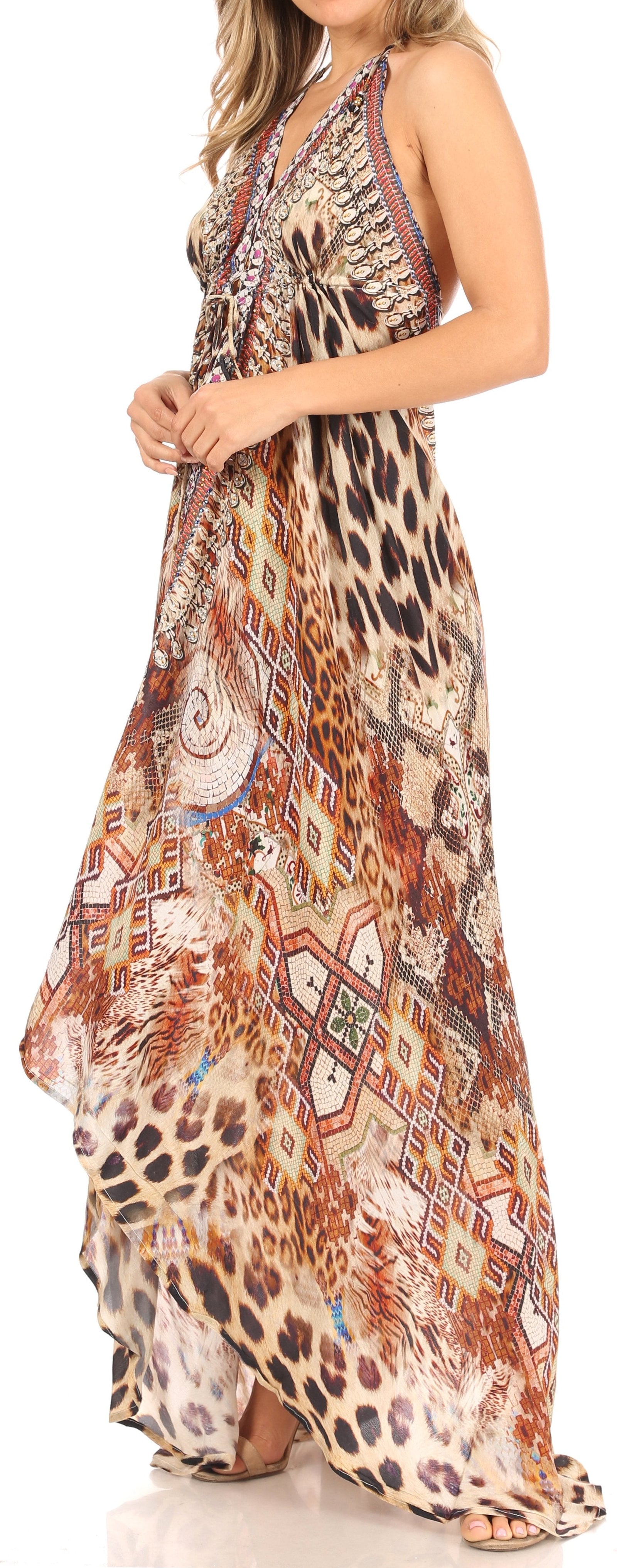 Vestido largo Sakkas Lizi para mujer, con cuello halter, corte alto y bajo, estilo pañuelo, para fiesta en la playa