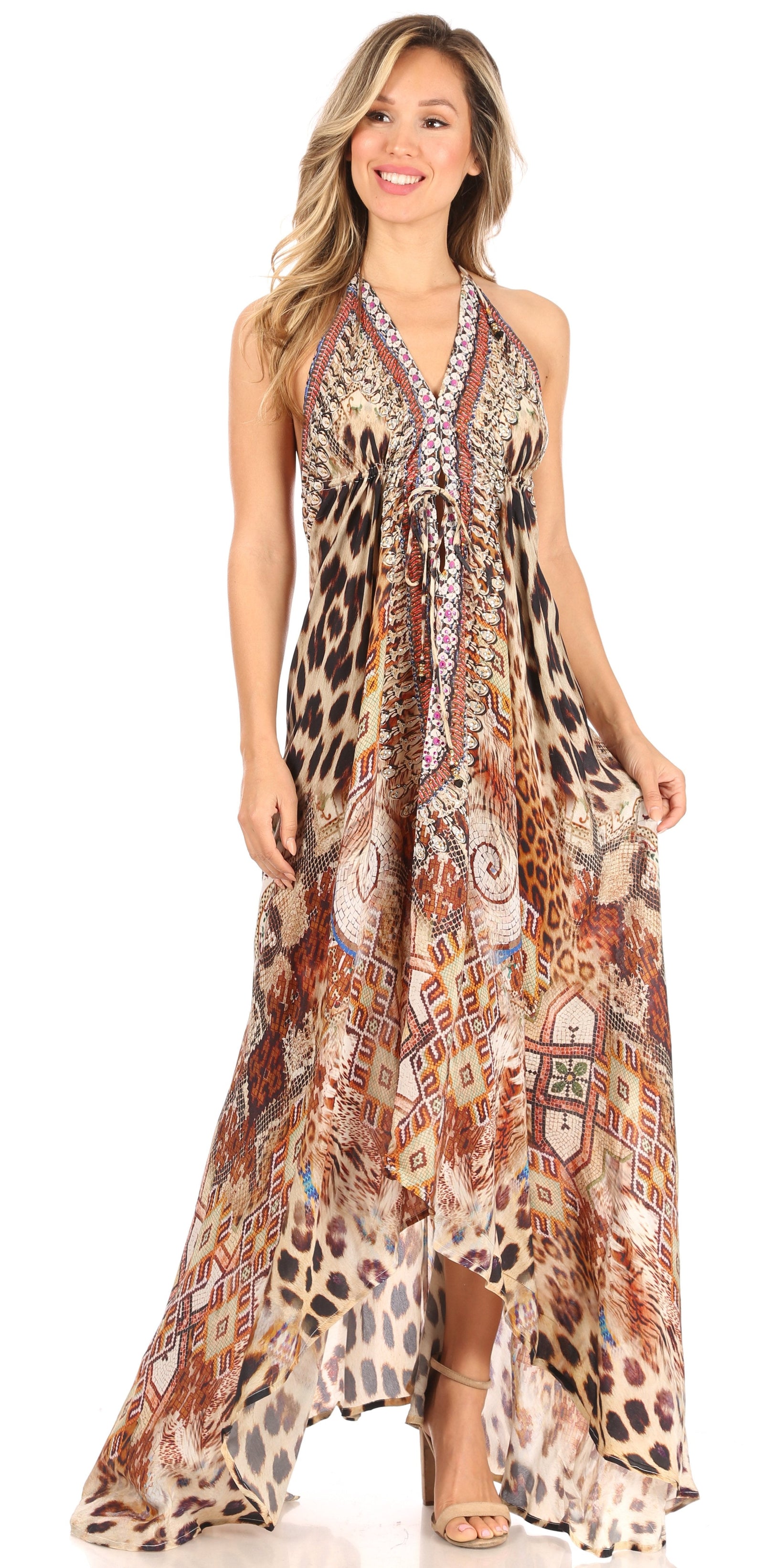 Vestido largo Sakkas Lizi para mujer, con cuello halter, corte alto y bajo, estilo pañuelo, para fiesta en la playa