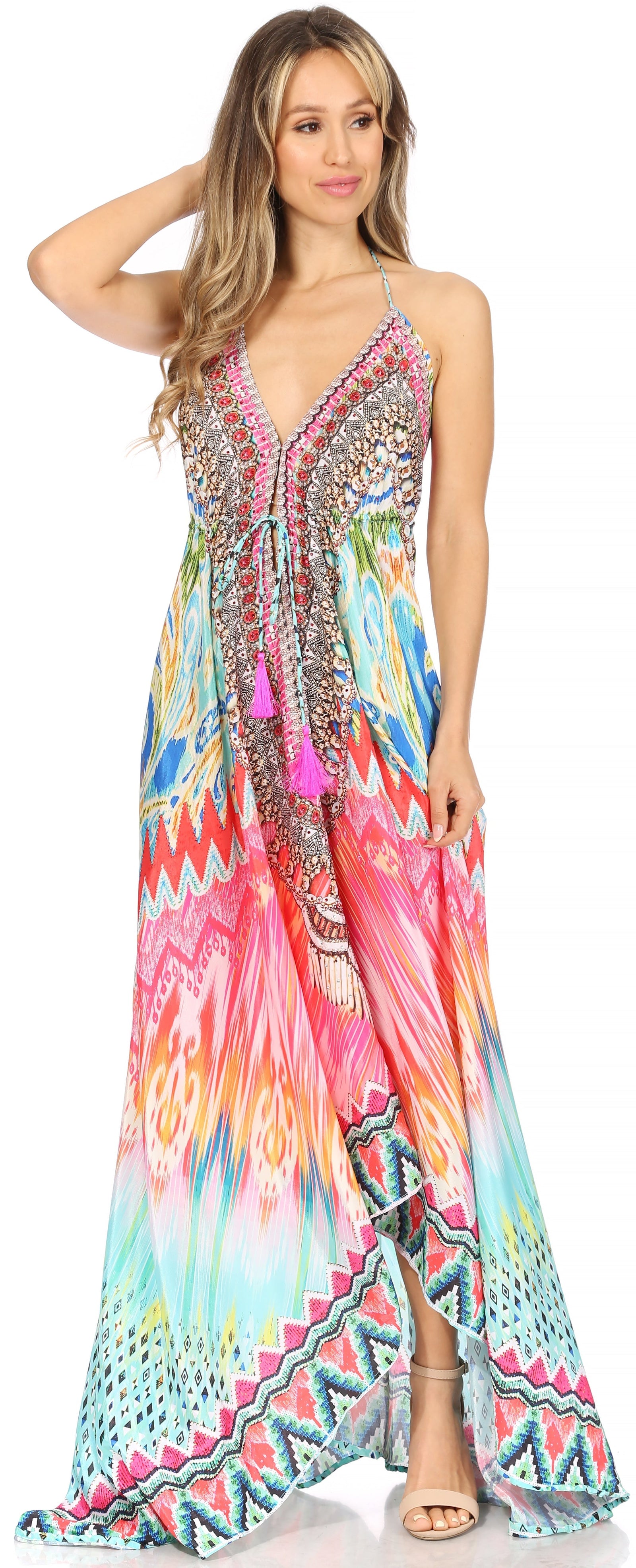 Vestido largo Sakkas Lizi para mujer, con cuello halter, corte alto y bajo, estilo pañuelo, para fiesta en la playa