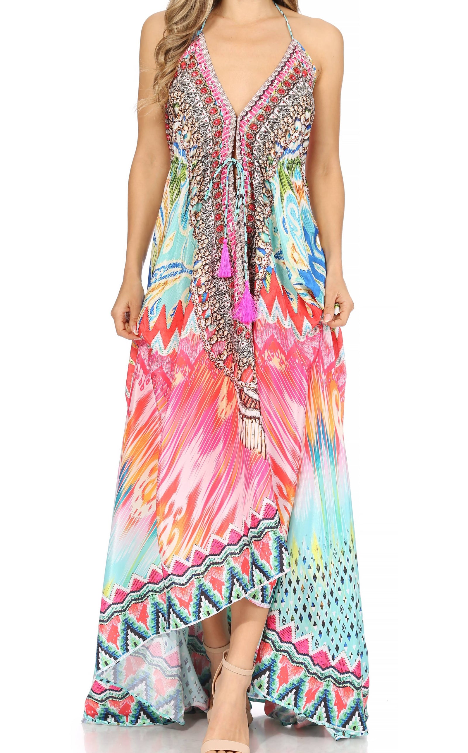 Vestido largo Sakkas Lizi para mujer, con cuello halter, corte alto y bajo, estilo pañuelo, para fiesta en la playa