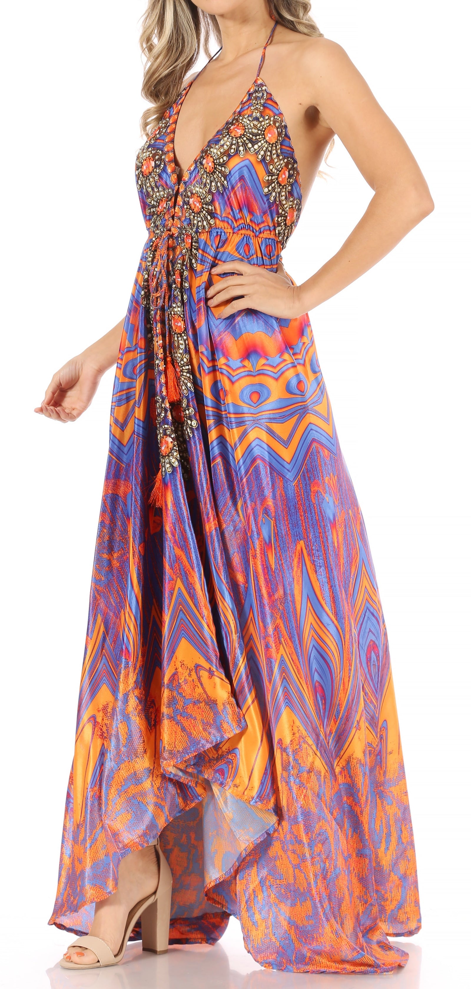 Vestido largo Sakkas Lizi para mujer, con cuello halter, corte alto y bajo, estilo pañuelo, para fiesta en la playa