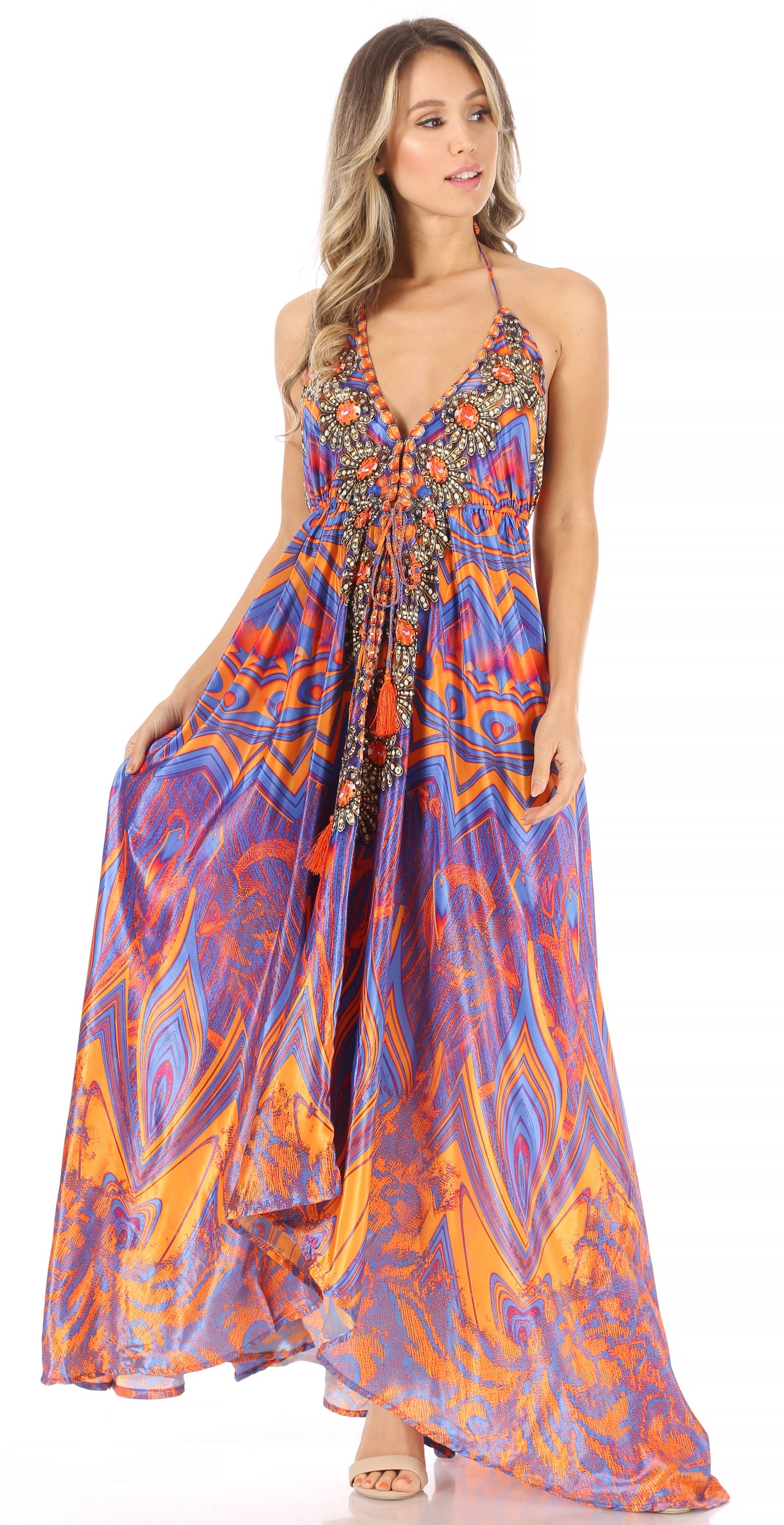 Vestido largo Sakkas Lizi para mujer, con cuello halter, corte alto y bajo, estilo pañuelo, para fiesta en la playa