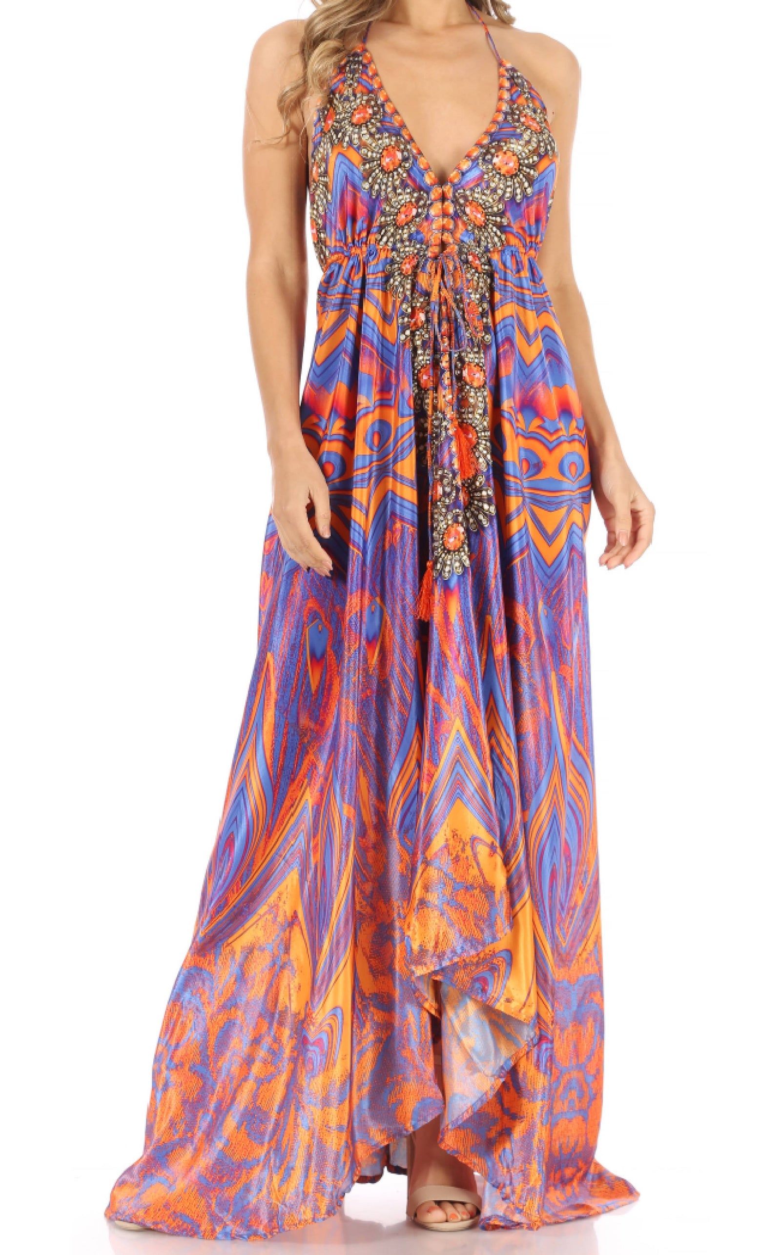 Vestido largo Sakkas Lizi para mujer, con cuello halter, corte alto y bajo, estilo pañuelo, para fiesta en la playa